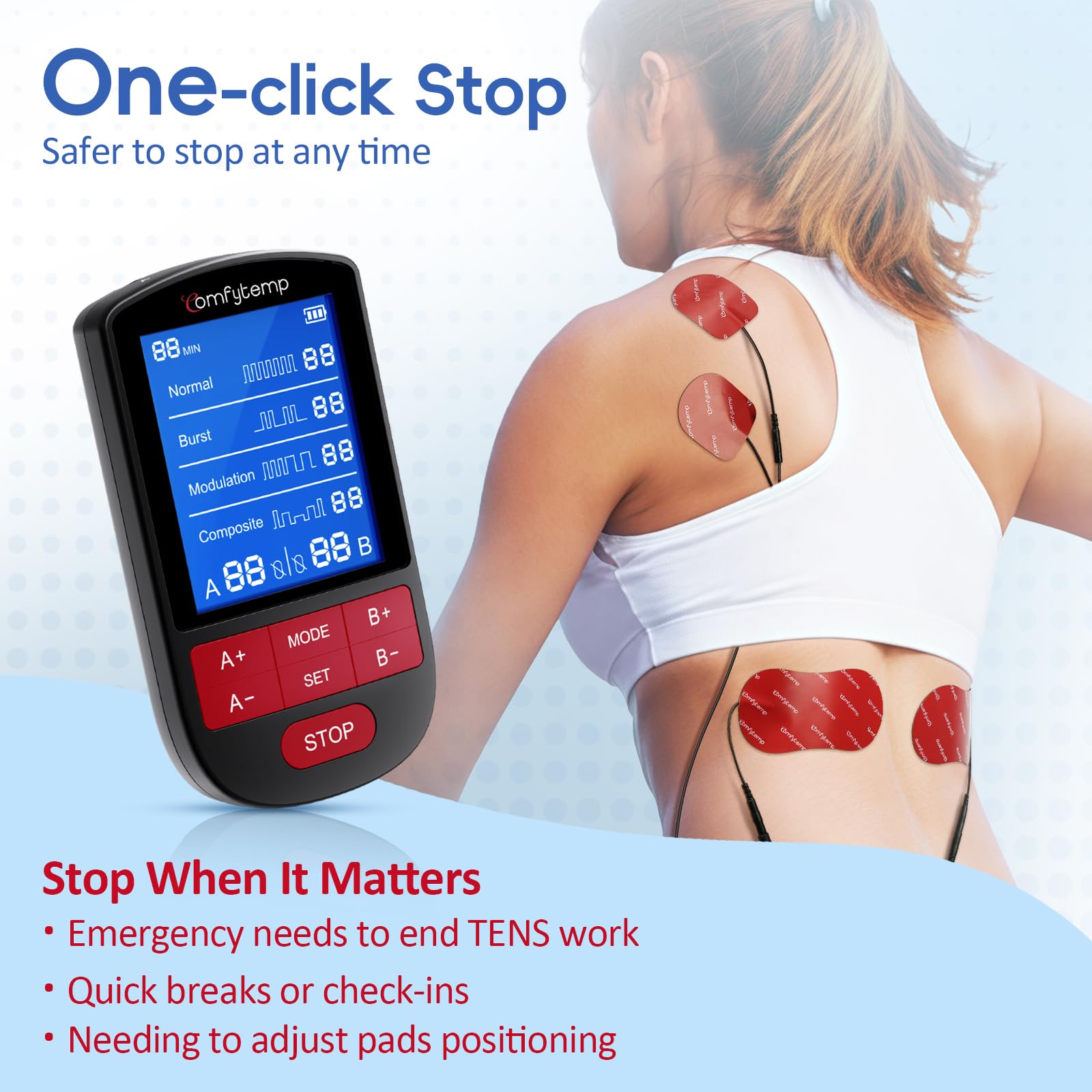 Comfytemp TENS Unit Muscle Stimulator for Back Sciatica Neck Pain Relief, 4 Therapy Waveforms Dual Channel TENS Machine — 30 Modes, Rechargeable Professional Electric Pulse Massager, 10 Electrode pads — Amazon image 6