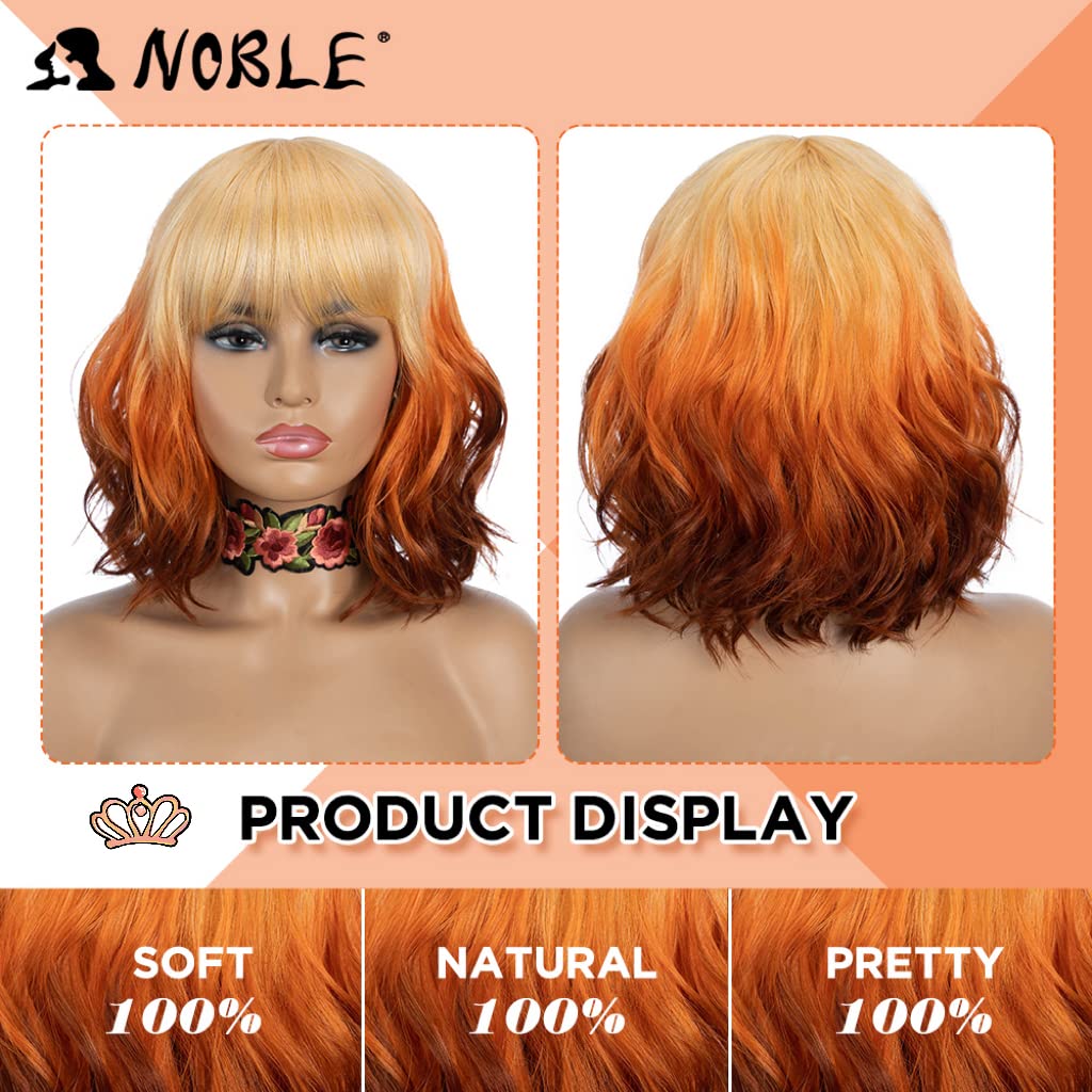 NOBLE Short Bob Wigs with Bangs for Women 3 Tone Ombre Color Synthetic Shoulder Length Curly Wavy Blonde to Orange to Ginger Wig Natural Looking Heat Resistant Colorful Daily Party Cosplay Bob Wigs - Image 3
