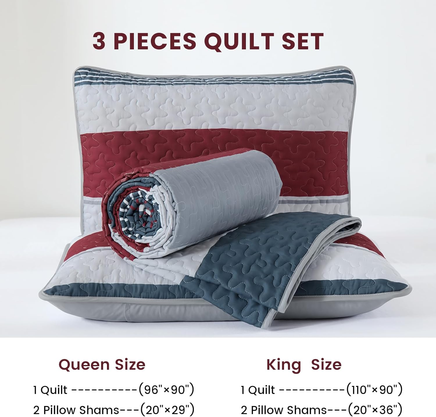 Dinjoy Boho Quilt King Size,Red Striped Bedding Sets Patchwork Bedspread, 3 Pieces Lightweight Micofiber Coverlet Sets with 2 Pillowshams for All Season (104"x90")