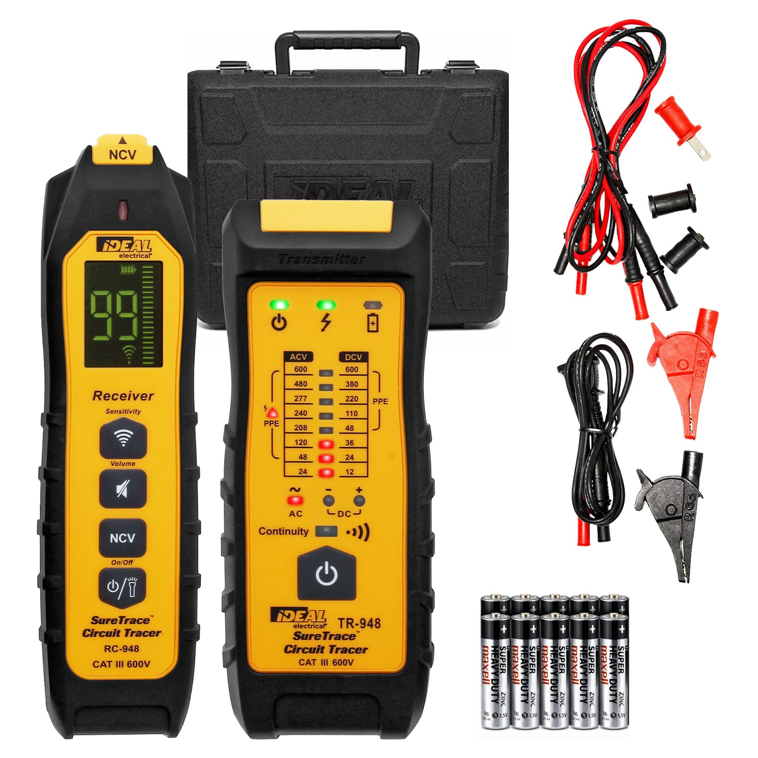 Ideal Electrical SureTrace Plus Circuit Tracer (61-948) 0-600 Volts AC/DC with Built-in Continuity Test and High-Visibility Displays — Find Breakers, Fuses, Wires, Dead Shorts, and Splice Errors