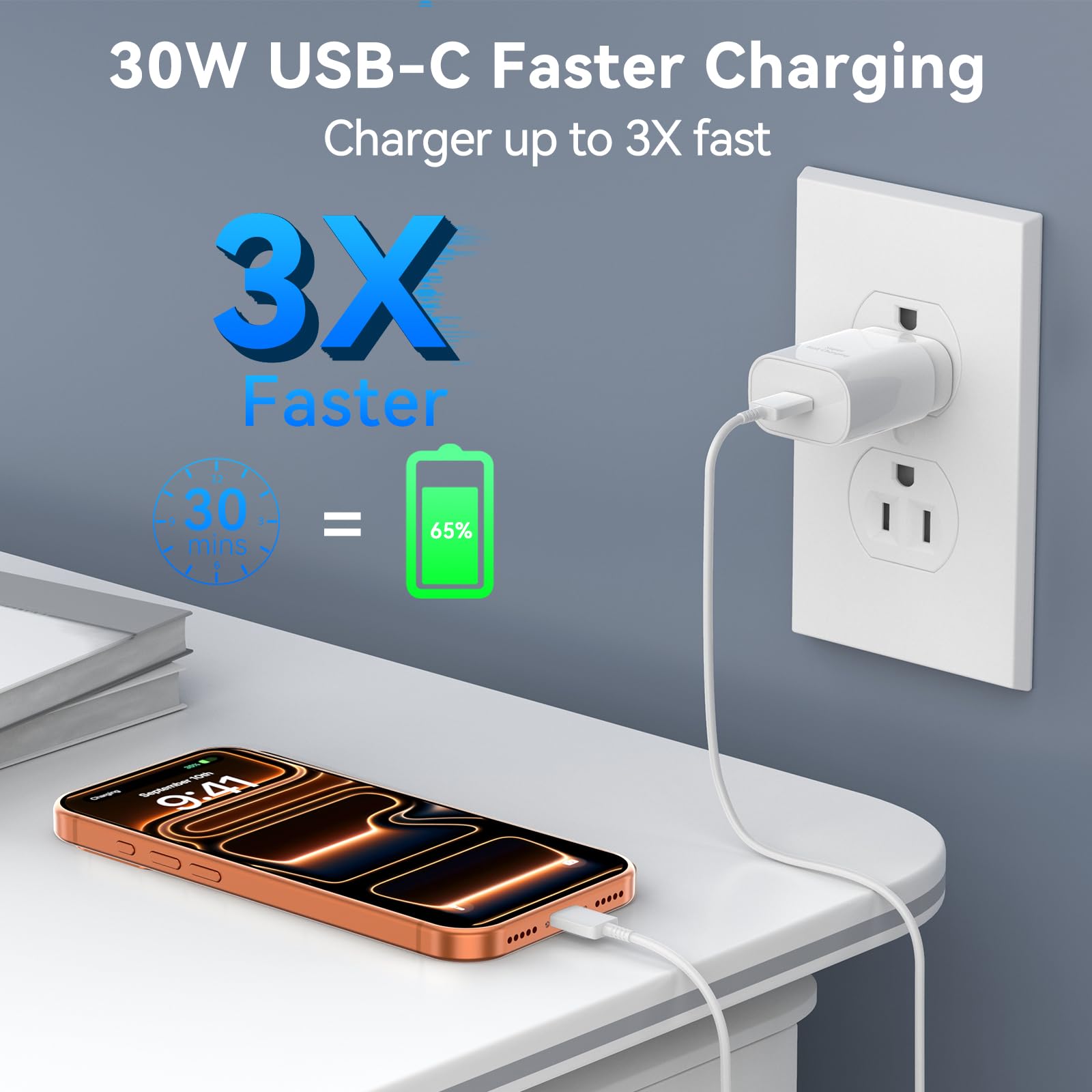 Caricatore USB C per iPhone 16 15 Pro Max, blocco di ricarica rapida, caricatore USB C da 30 W con cavo lungo USB-C da 3 m per iPhone 16 Pro Max/16 Pro/16 Plus/16/15 ProMax/15Pro/15Plus/15 GalaxyS24