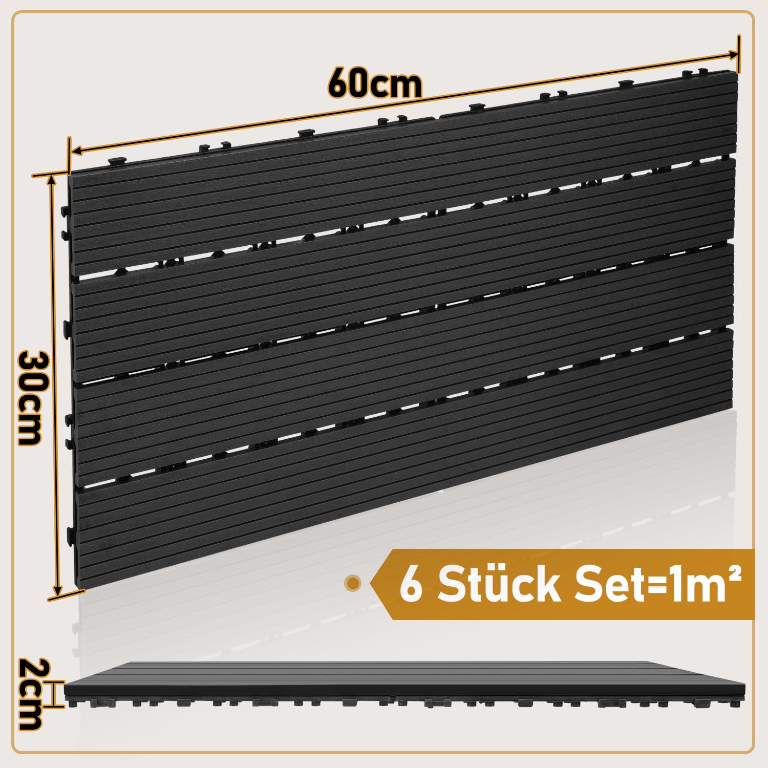 Randaco Piastrelle in Plastica Composita WPC, 30x60cm 12 Pannelli / 2 m² Pavimentazione in Plastica-legno all'aperto con Drenaggio e Sistema Plug-in, per Terrazze, Pavimenti, Antracite