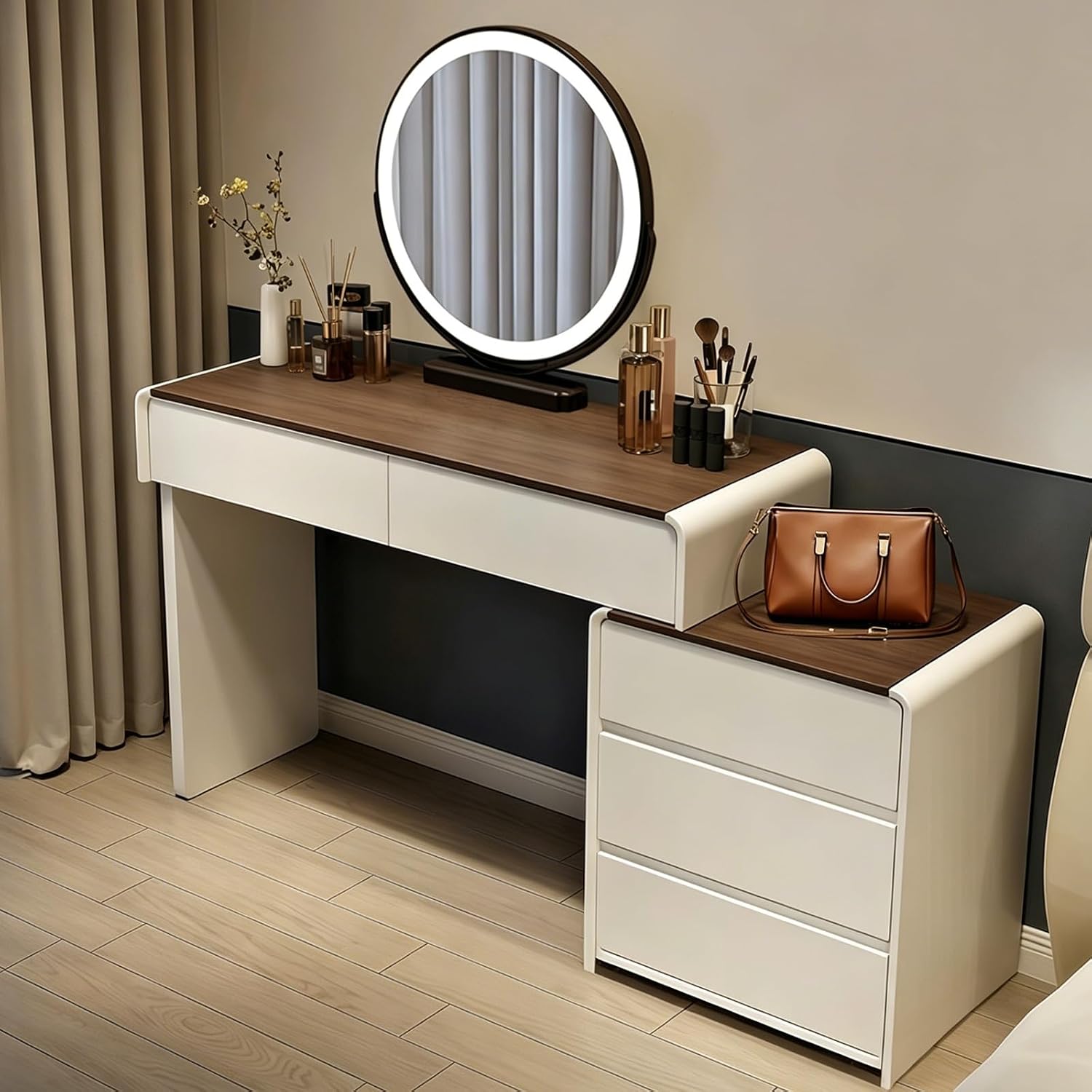 Dressing Table with Mirror Wooden Dressing Table with Walnut Table Top Cosmetic Table with 5 Drawers Flexible Side Cabinet Corner Vanity L-Shape Change White 100 cm Without Chair