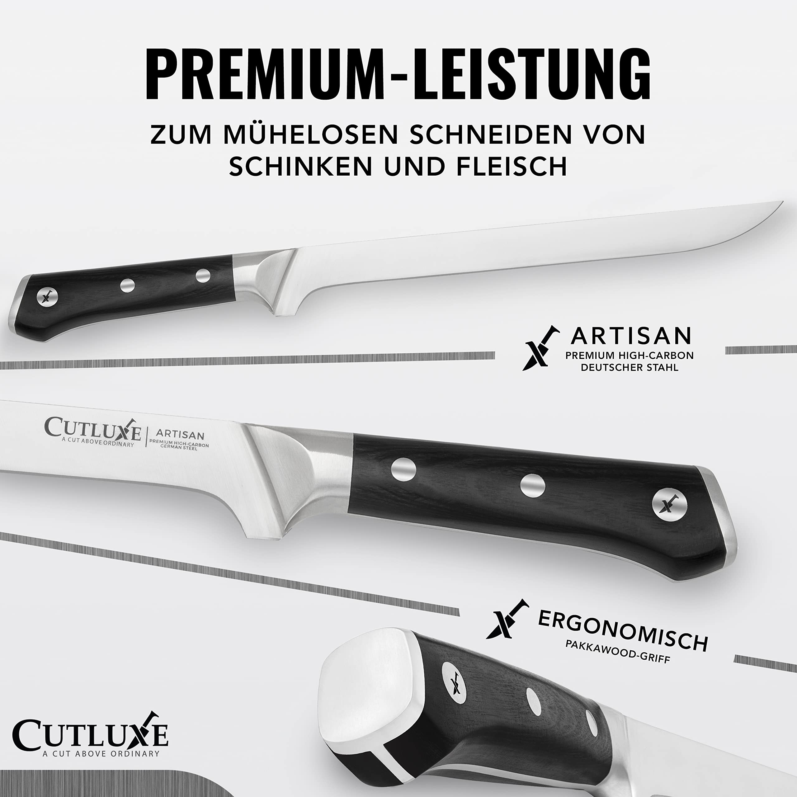 Cutluxe Schinkenmesser - 25cm Tranchiermesser für Fleisch und BBQ - Scharfes Messer aus deutschem Stahl - Volltang und ergonomisches Griffdesign - Artisan Serie