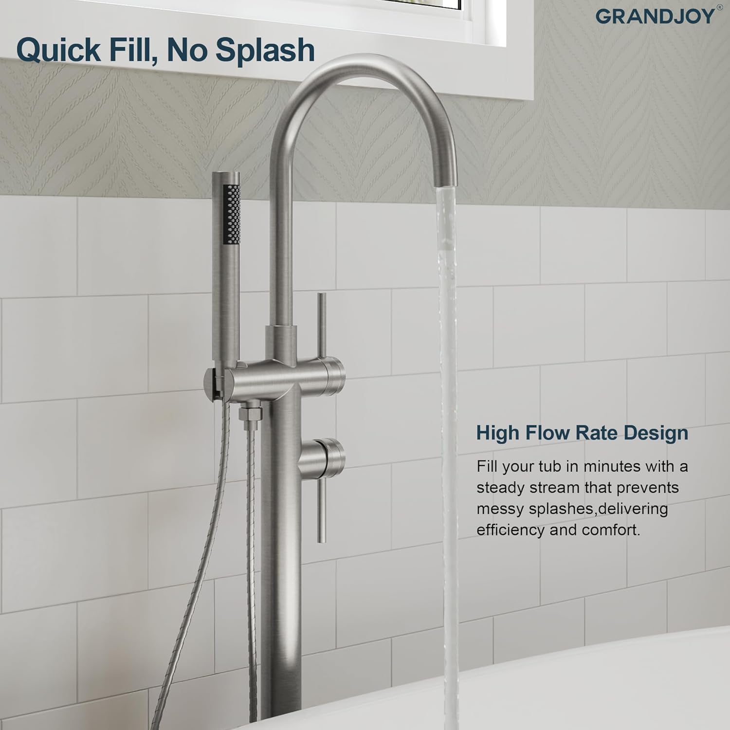 Brushed Nickel Freestanding Bathtub Faucet with Hand Shower, Single Handle Knurled Design, Round Spout, Solid Brass & 304 Stainless Steel High Flow Tub Filler, Floor Mount