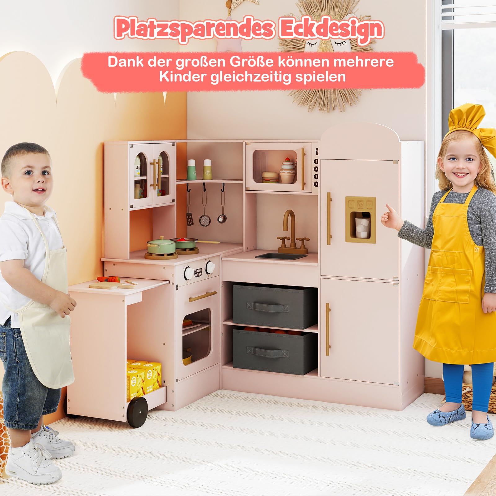 COSTWAY Kinderküche mit Licht und Sound, Eck Spielküche mit ausziehbarer Arbeitsplatte, Spüle, Herd, Ofen & Kühlschrank, Spielzeugküche inkl. Zubehör & Stoffkörben, für Kinder ab 3 Jahren (Rosa)