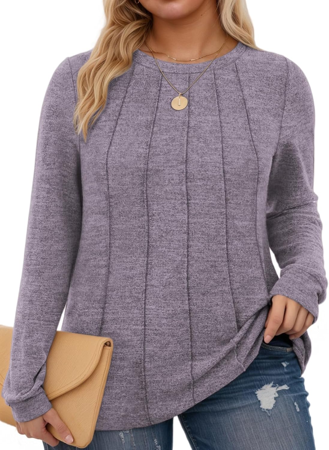 VISLILY Womens-Plus-Size-Tops Dressy Long Sleeve Shirts Casual Crewneck Tunics Tees Trendy Pleated Comfy Blouses XL-5XL - Image 2