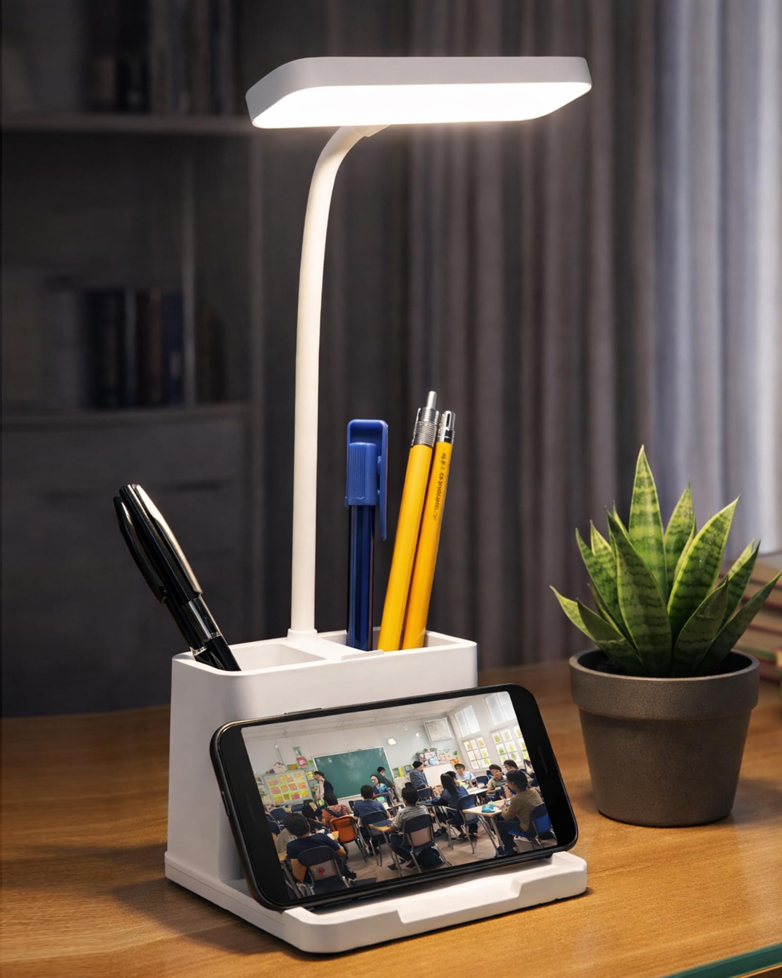 Homesake® LED Desk Lamp with 3 Brightness Modes, Touch Sensor Control, Adjustable Study Table Lamp with Mobile Stand, USB Powered, for Home & Office, Students Reading Lamp Light, (White, Holder Cup)