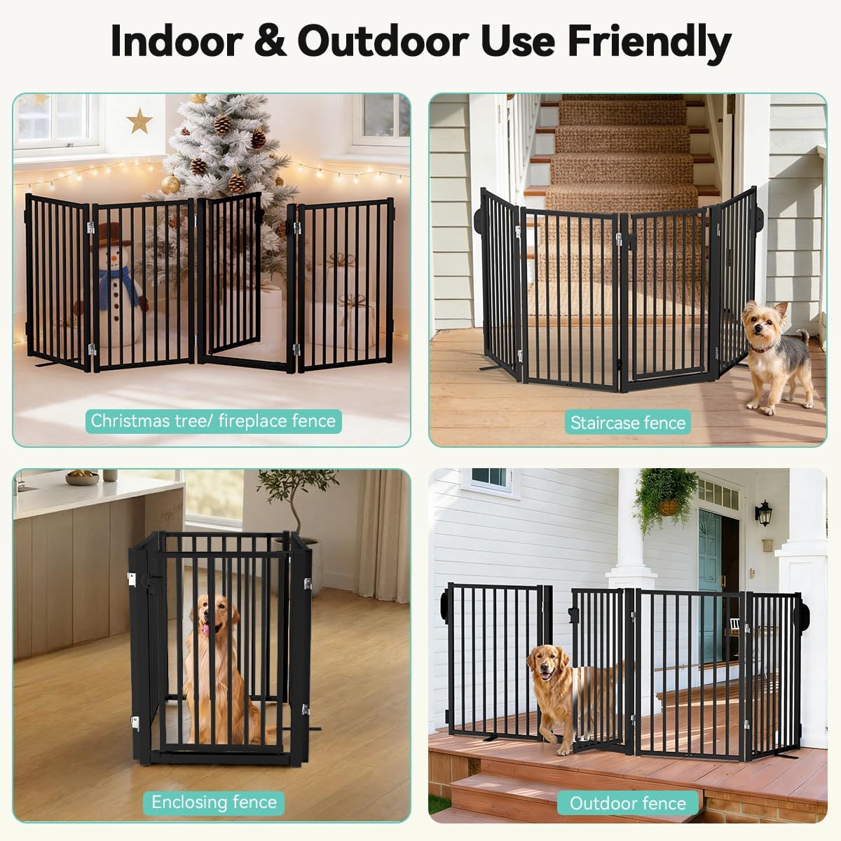 COMOMY 80" Free Standing Dog Gate with Door, Foldable Dog Fence for Indoor & Outdoor, 4 Metal Panels, Extra Wide Pet Gate for Stairs, Hallways, Doorways, Deck, Yard(32" Tall, Black)