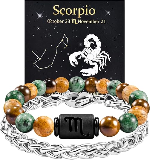 FANCIBAND Zodiac Bracelet for Men Women, 2pcs Stainless Steel Chain Bracelet and 8mm Natural Tiger Eye Stone Bead Bracelets with Zodiac Stone Black Star Sign Constellation Horoscope Bracelet Stretch