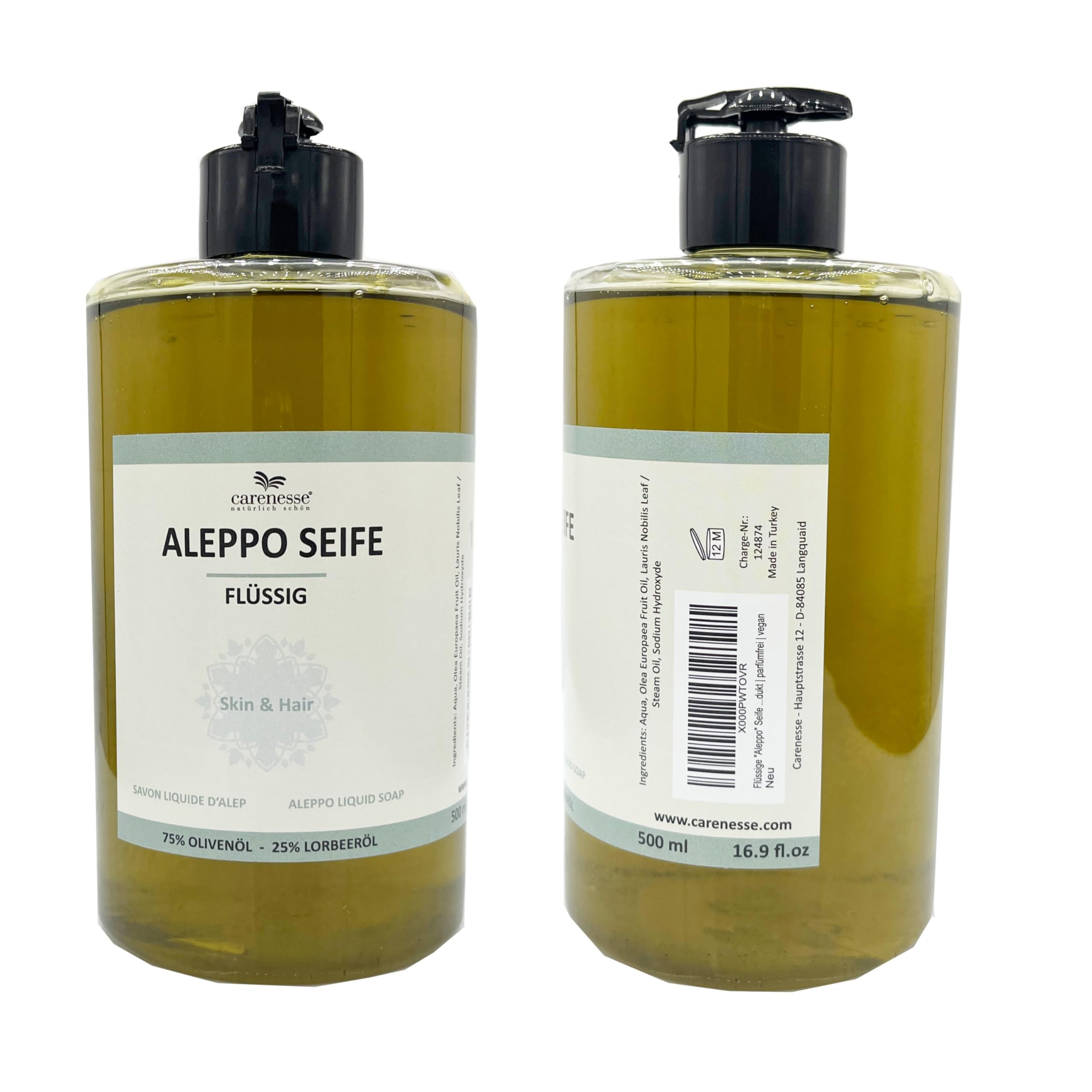 Carenesse Jabón liquido Alepo, 75% aceite de oliva + 25% aceite de laurel, producto natural, 100% vegetal, jabón liquido natural, 500 ml | Jabón de ducha Jabón Líquido Champús para Jabones Aleppo para la piel, el cuerpo, el cabello y la cara