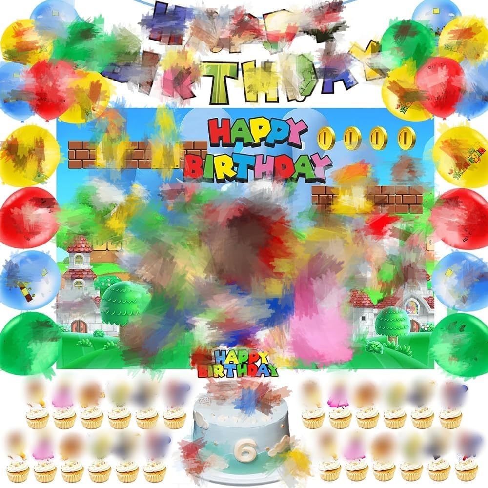 Birthday Party Decorations, 43 Pieces Including Balloons, Cake Decorations, Super Bro Banner, Backdrop Poster for Kids' Theme Party Supplies