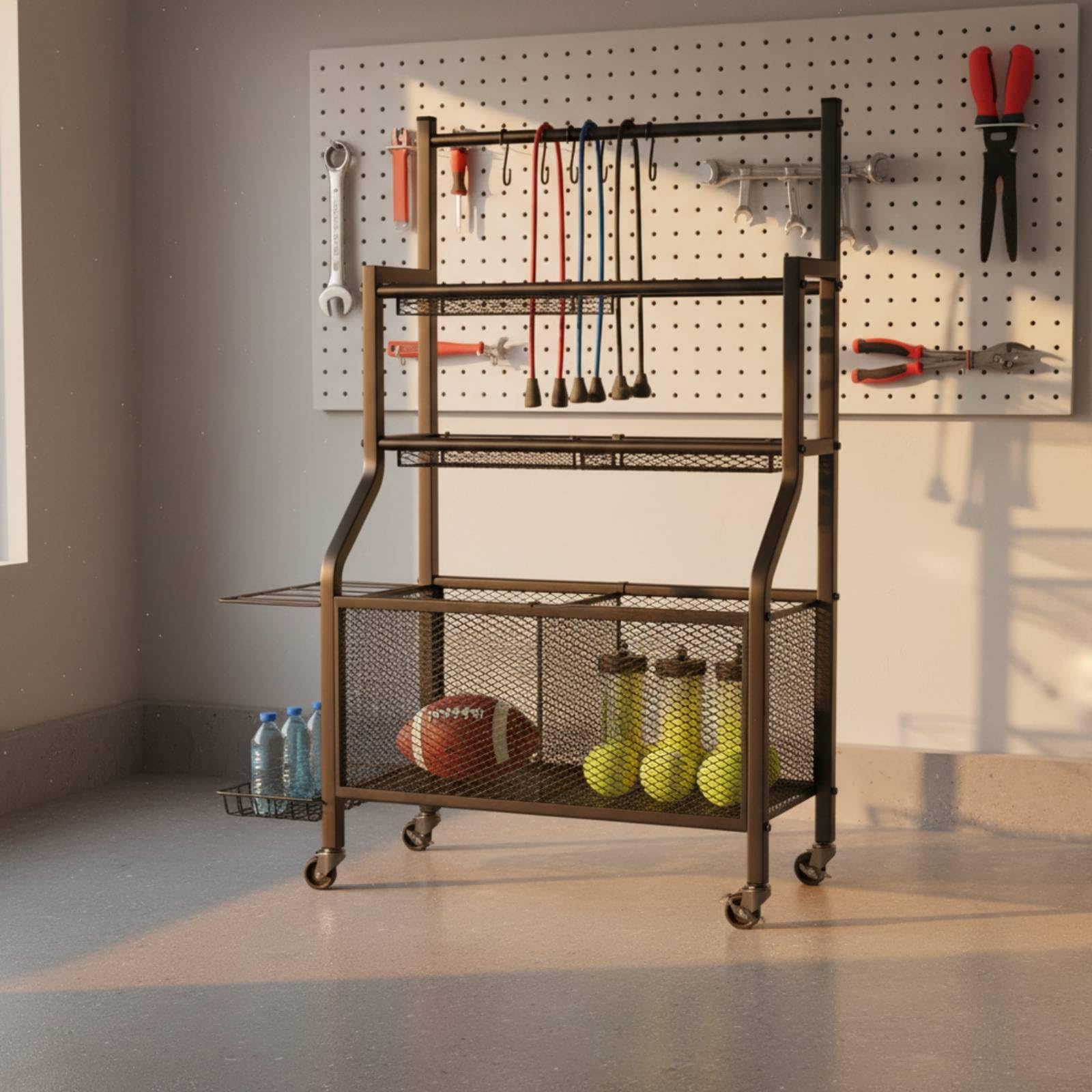 Rastrelliera Porta Attrezzi con Rotelle Metallico Carrello Porta Attrezzi Sportivi Design Verticale Attrezzature Sportive