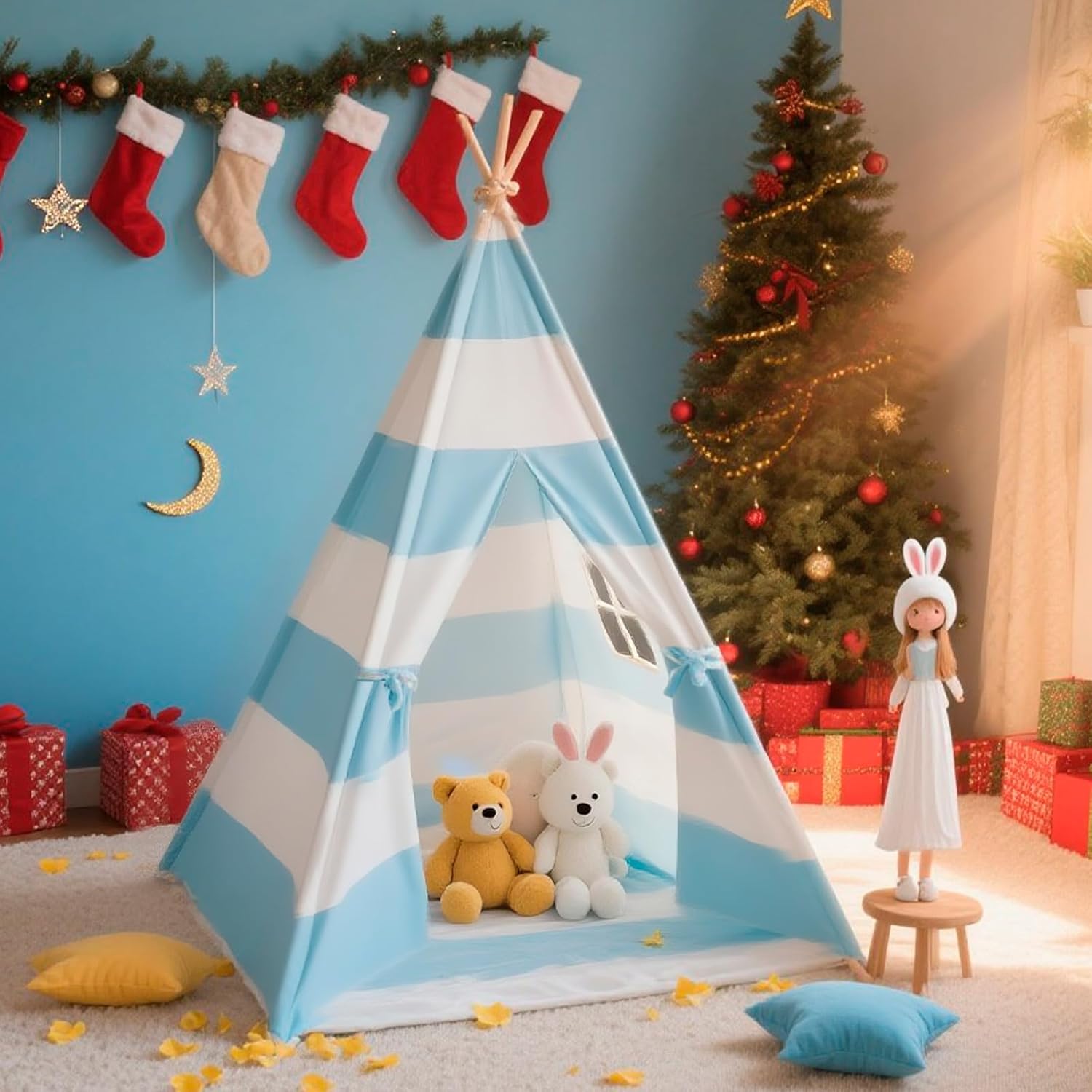 Teepee Tent for Kids with Padded Mat, Lights, and Carry Bag, Washable Playhouse for Indoor Use, Ideal Play Tent for Girls and Boys,Stripe Blue