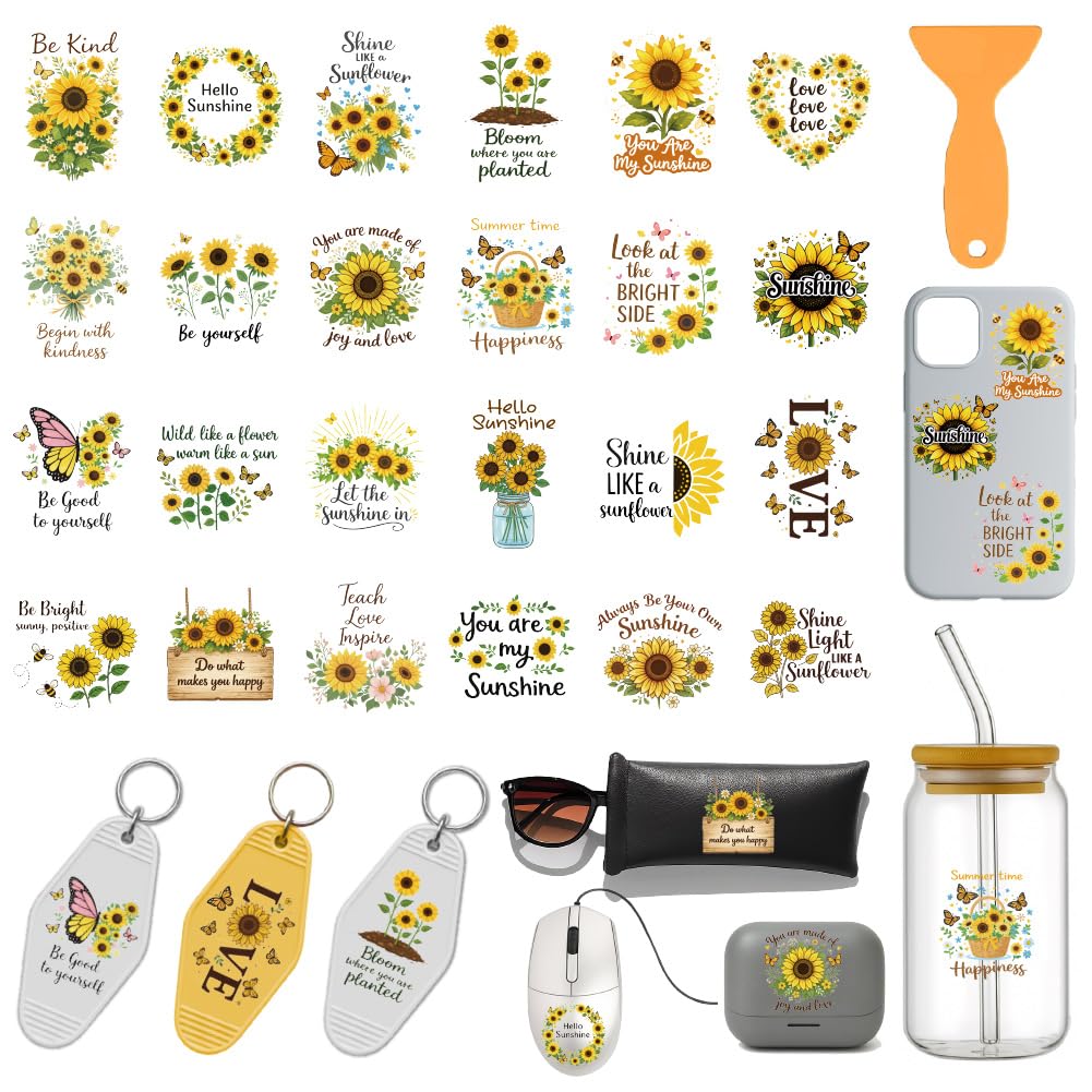 GOMAKERER 120Pcs 24 Styles UV DTF Wrap Stickers for Motel Keychain, Sunflower Motivation Words UV DTF Decals Floral UV DTF Transfer Stickers for Acrylic Hotel Keychain Card