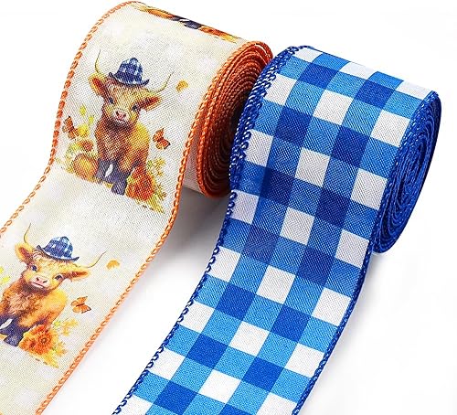 2 rollos de cintas de animales lindos para manualidades, para primavera y verano, con borde con cable, lazo azul a cuadros, lazo de arpillera para