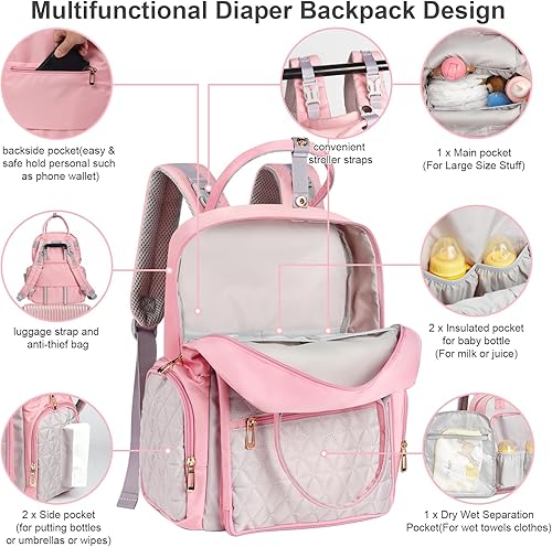 Miniatura 2 de Mochila para pañales - Bolsa de mamá para hospital, mochilas de viaje, gran capacidad, multifuncional, esencial para bebé (rosa), Rosado, Mochila de