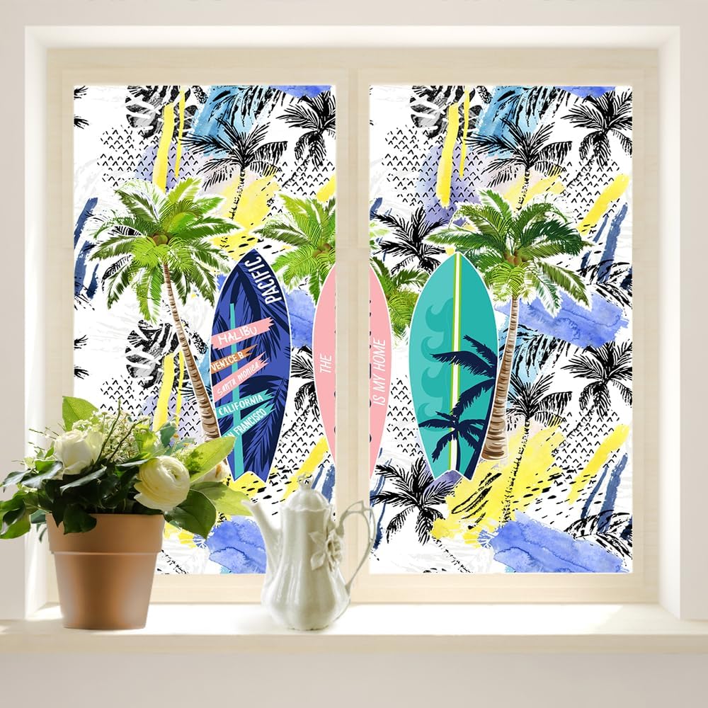 Brebasf Retro Summer Ocean Beach Privacy Blackout Window Film Watercolor Coconut Tree Surfboard Camper Theme Reusable Self Adhesive Insulated Window Stickers-23.6W x35.4L in x1 Pcs