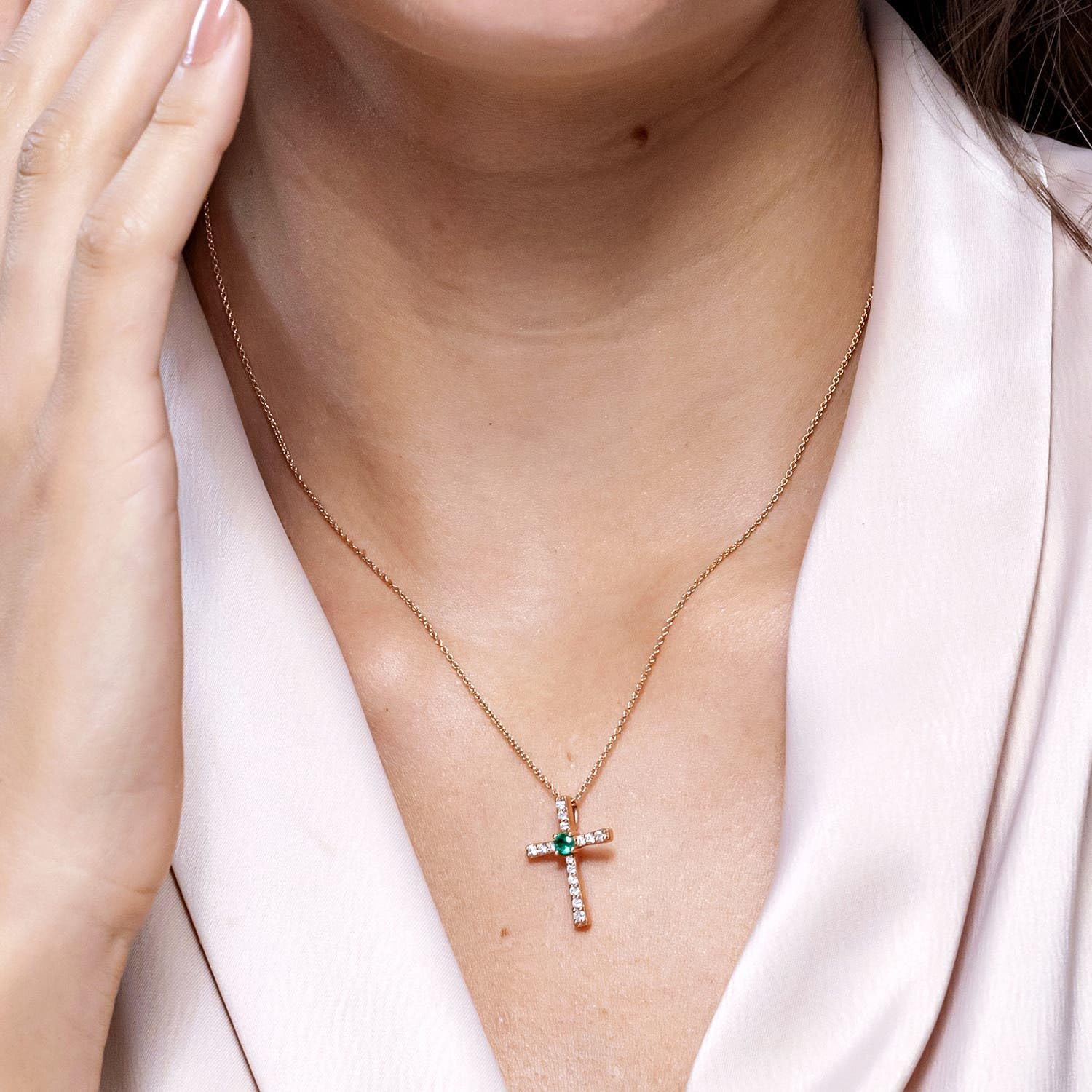 Angara Natural Emerald Pendant for Women | Emerald and Diamond Cross Pendant in 14K Solid Gold/Platinum With 18" Chain | May Birthday, Anniversary, Gemstone Jewelry Gift