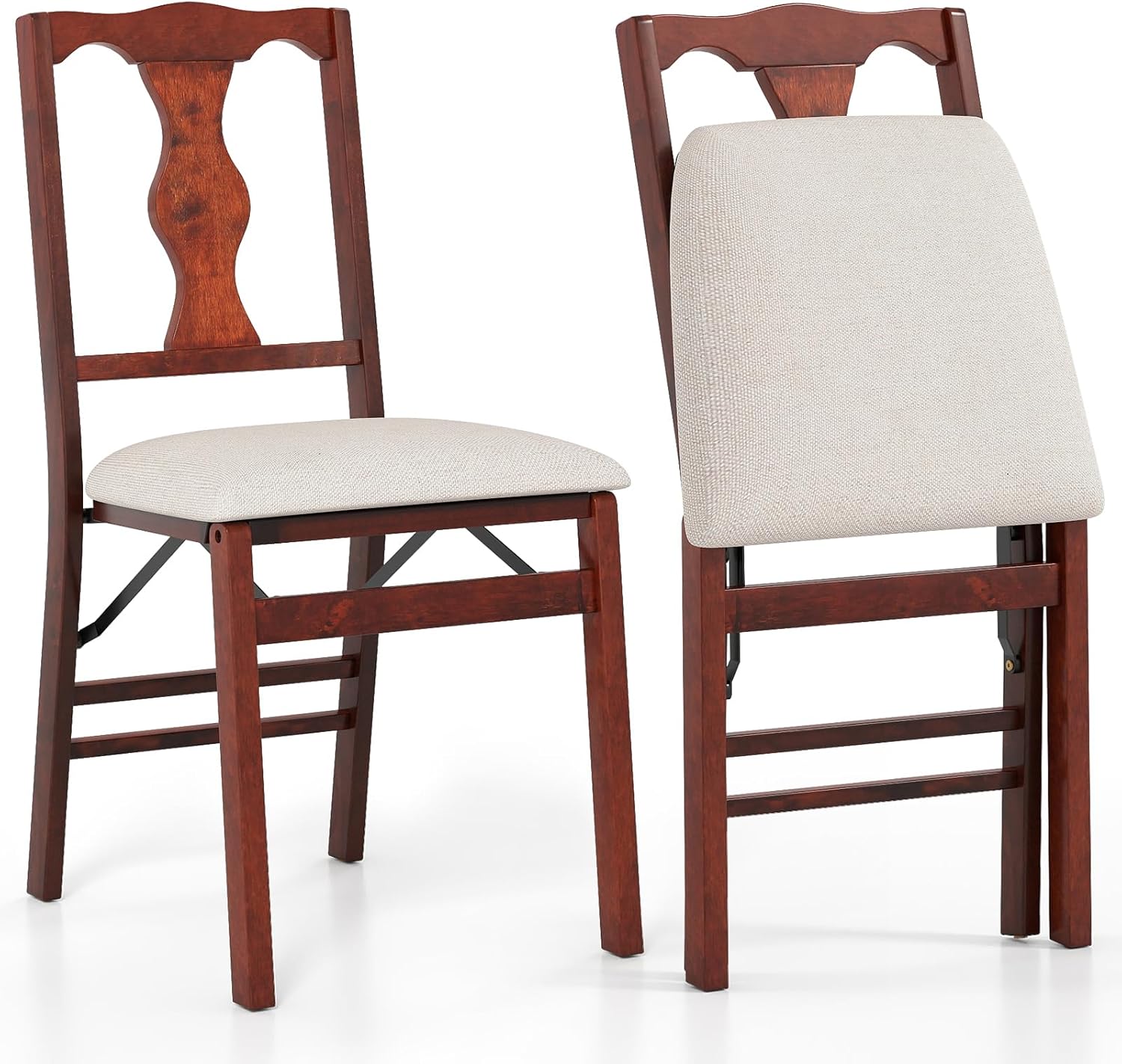 KOTEK Folding Dining Chairs Set of 2, Wooden Kitchen Chairs with Linen Fabric Cushioned Seat, Foldable Armless Side Chairs for Dining Room, Living Room