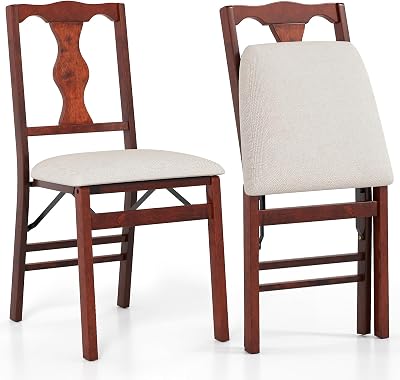 KOTEK Folding Dining Chairs Set of 2, Wooden Kitchen Chairs with Linen Fabric Cushioned Seat, Foldable Armless Side Chairs for Dining Room, Living Room