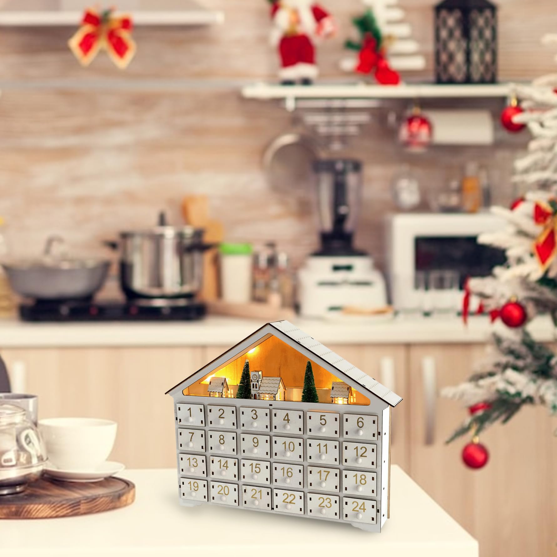 Calendario de Adviento de madera con 24 cajones y luces LED - Calendario de cuenta regresiva de Navidad vacío y reutilizable para llenar usted mismo (sin batería) - Adviento de bricolaje