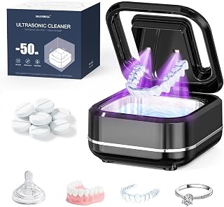 HAUSBELL Dental Pod: Ultrasonic Retainer Cleaner, Denture Cleaner Machine with 8 Cleaner Tablets, Aligner Cleaner, Nightguard Cleaner, Mouthguard Cleaner, Ultrasonic Cleaner with Noise-Reduction Lid