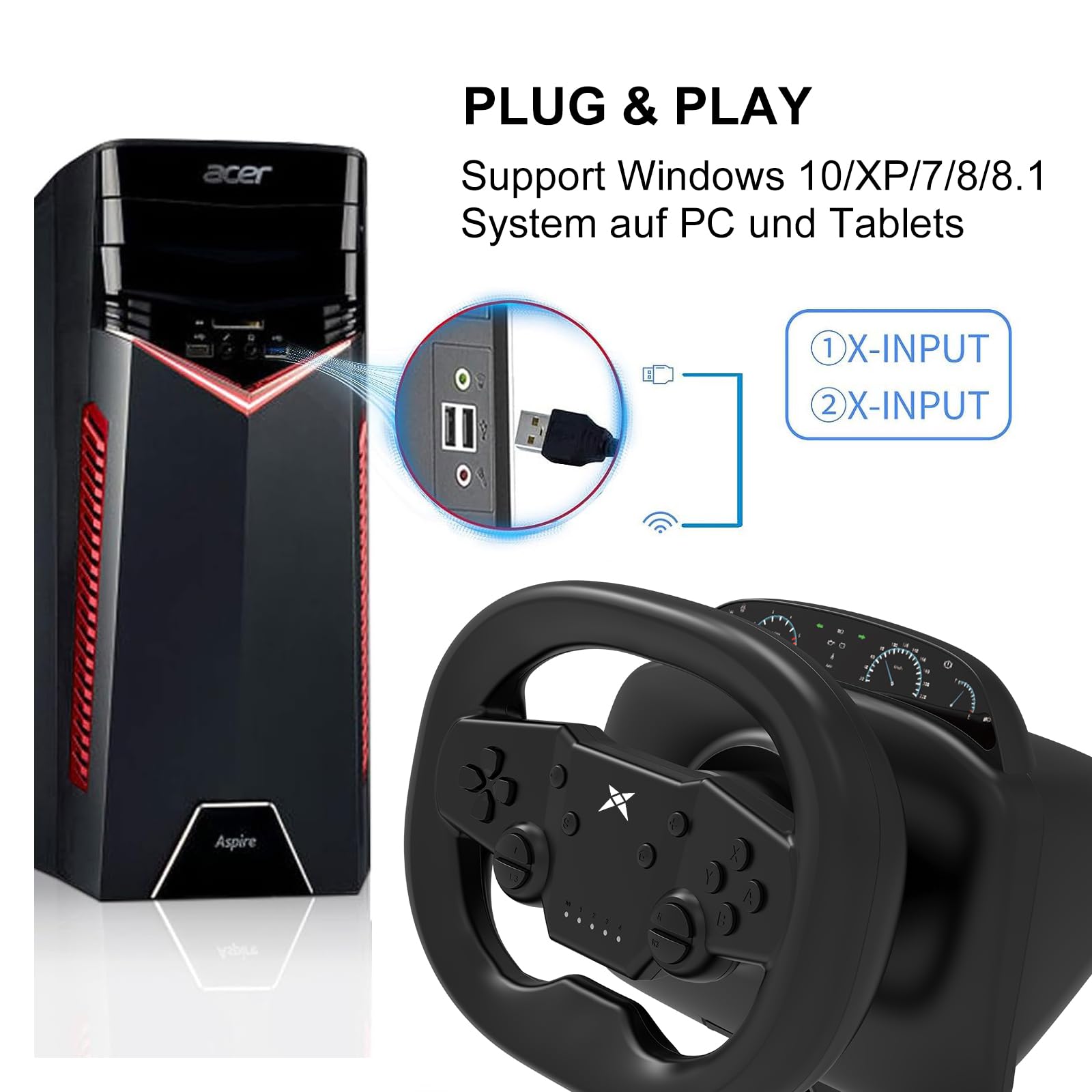 DOYO Drahtloses Gaming Lenkrad–Bluetooth 5.0-Rennlenkrad,270 Grad PC Lenkrad mit zwei Vibrationsmotoren für Switch (Mario Kart), PS4, PS3, PC, Android mit Reaktionsschnellen Pedalen