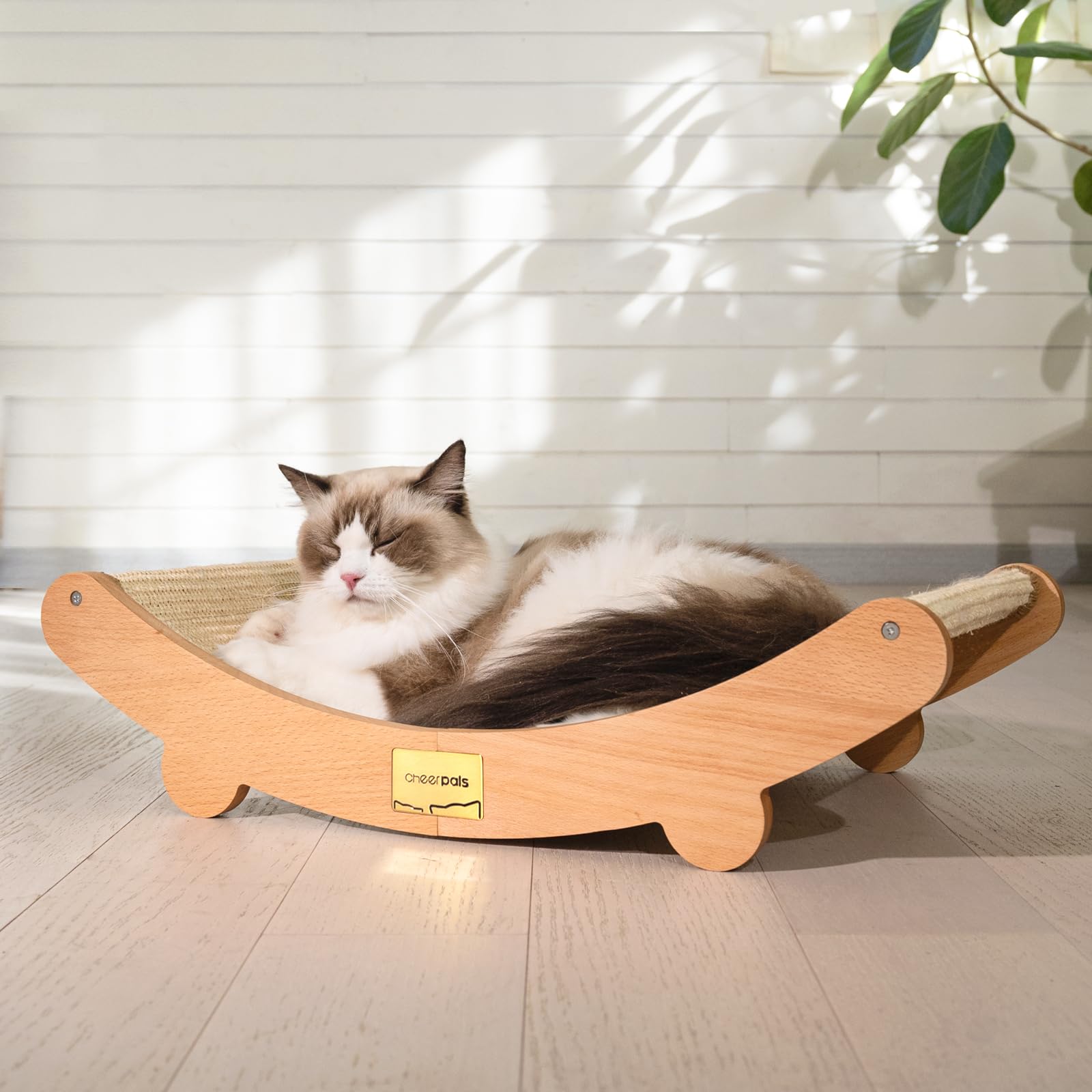 CheerPals Sisal Kratzbrett Katzen - 160° Gebogenes Design, Massives Buchenholz & Natürliche Sisal Pad Katze Kratzmatte, Extra Große 60x35x15cm Kratzmöbel für alle Katzen