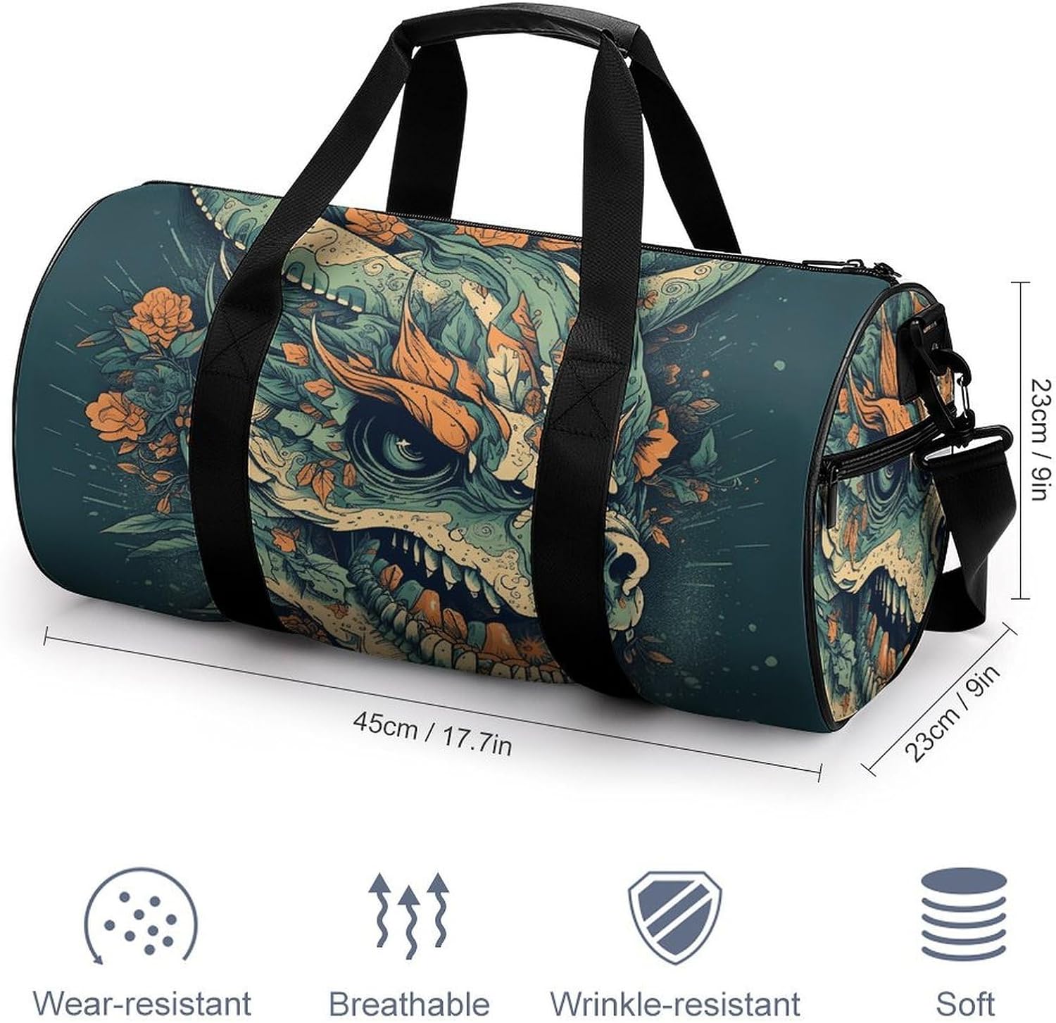 Asian Dragon Skull Gym Bag Hand-held Fitness Bags Cylindrical Fitness Bag with Shoe Large Compartment Duffle Bags for Travel Sports Unisex image 2