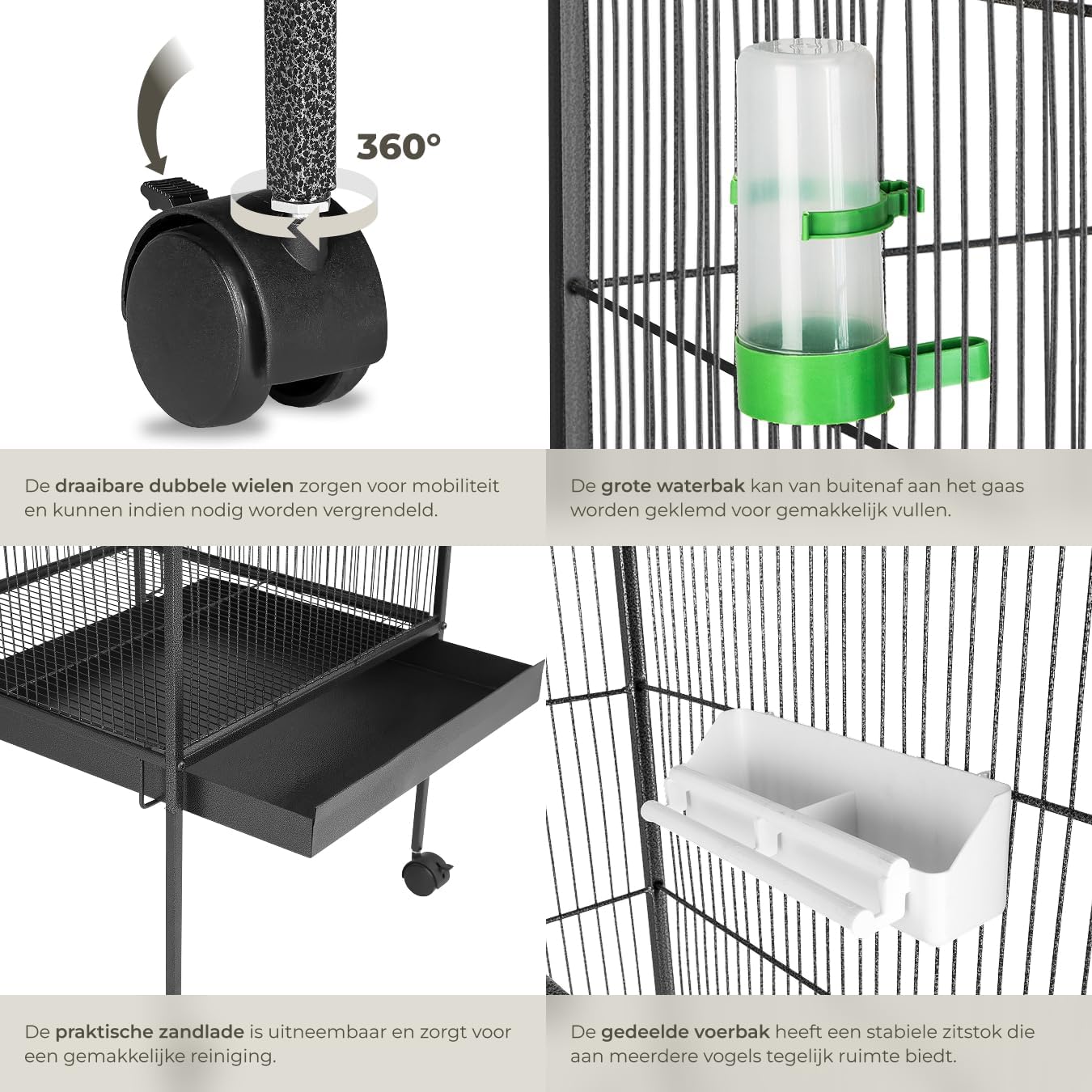 Close-up images showing the lockable swivel wheels, external water dispenser, removable sand tray, and divided feeder with perch.