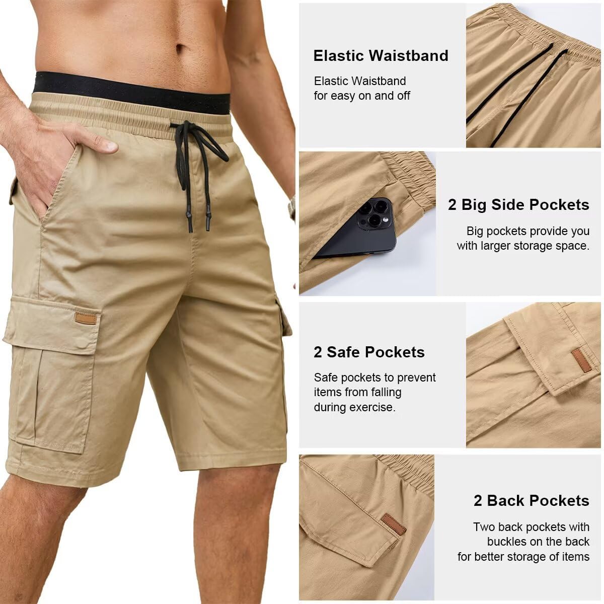 Mens Cargo Shorts Casual Waist Elastic Drawstring Outdoor Golf Shorts with 6 Pockets - Image 3