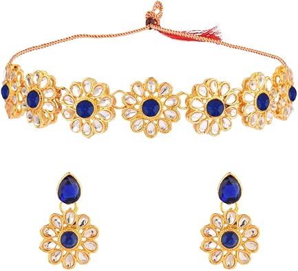 Efulgenz Kundan Choker Necklace Indian Jewelry Sets for Women Bollywood Jewelry Choker Kundan Floral Crystal Necklace Earrings Wedding Bridal Jewelry Set