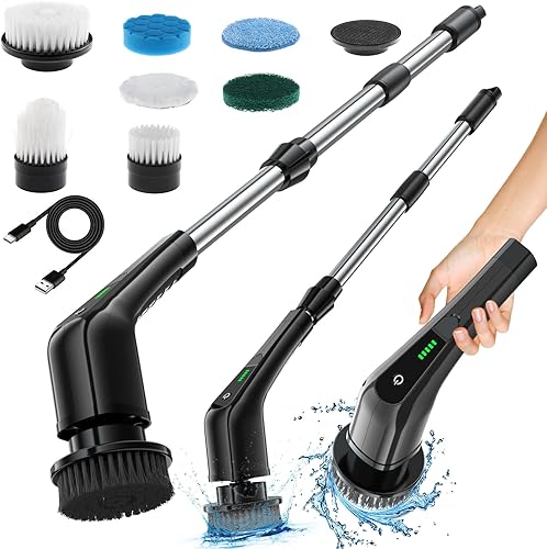 Limpiador eléctrico giratorio, cepillo giratorio para limpieza, limpiador de ducha inalámbrico de 450 rpm, potente limpieza, con 7 tipos de