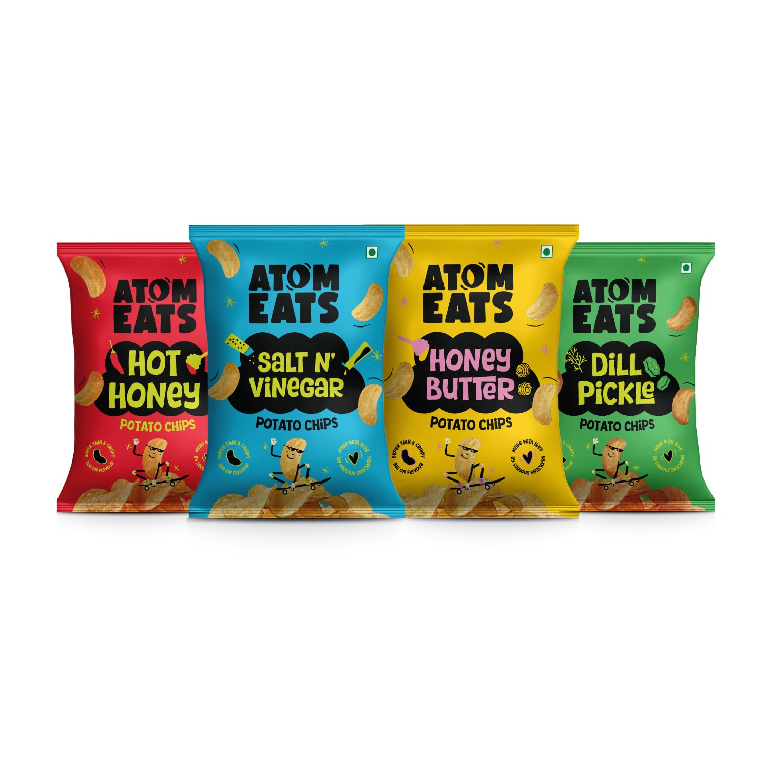 Atom Eats Assorted Potato Chips - 60g (Pack of 4) | 4 Amazing Flavours - Salt n Vinegar, Hot Honey, Dill Pickle, Honey Butter | Crunchy Gourmet Snacks for Parties, Drinks, Tea & Coffee | Imported Quality | Tangy - Crispy - Herby - Sweet - Spicy | Social Gatherings - Fun Snack - Cafe |-image-21