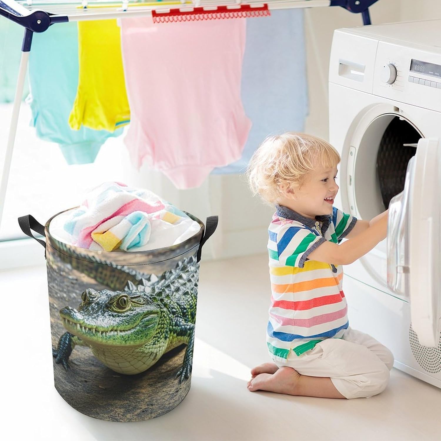 Crocodile Green Laundry Bag Large Collapsible Laundry Baskets Freestanding Waterproof Clothes Hamper with Handles & Drawstring for Laundry Room Bedroom Bathroom