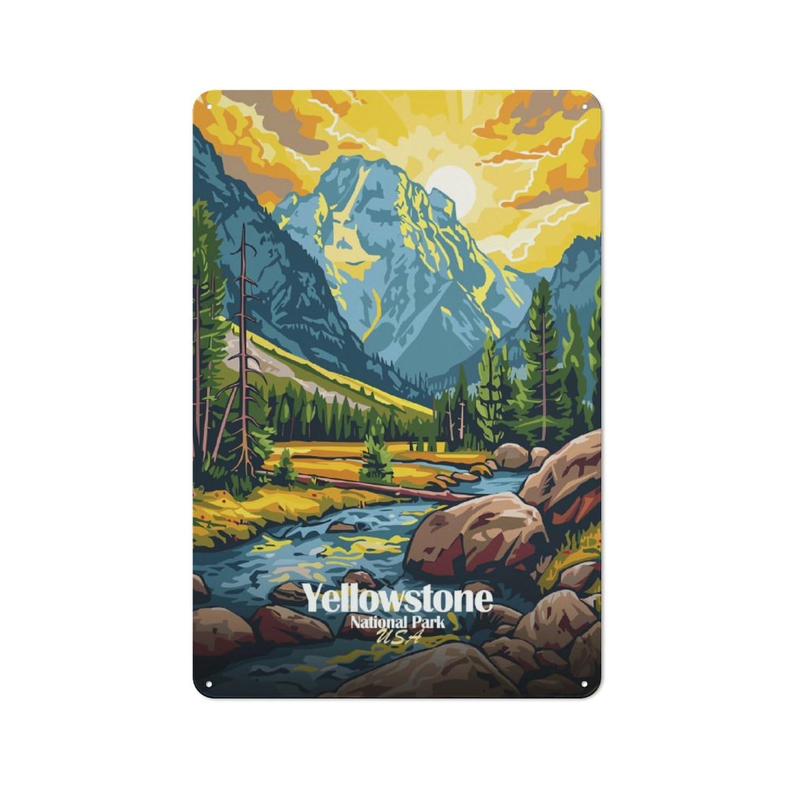 Junmoney Style-11 Yellowstone National Park Landscape Illustration Vintage Metal Plaque 30X20cm For Living Room Wall, Suited To Living Room Decor Lovers
