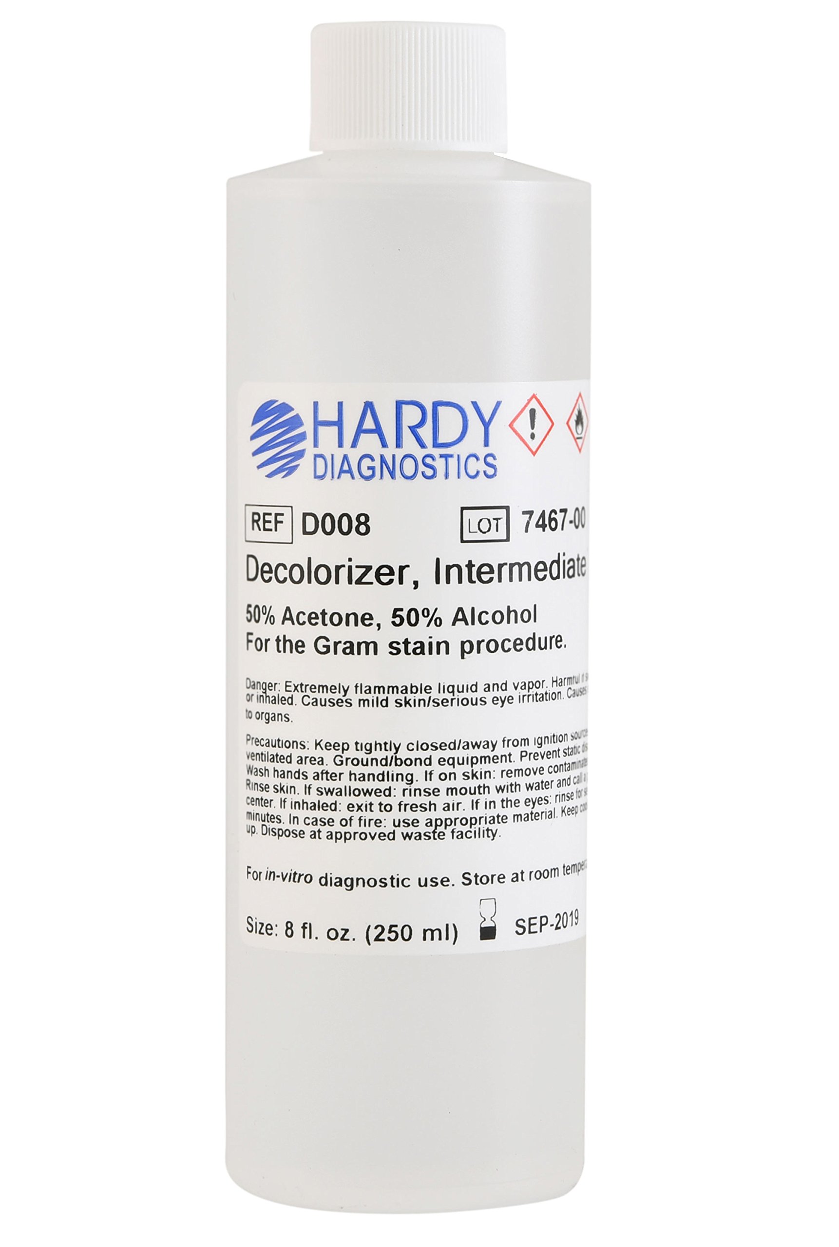 Decolorizer, Grams, Intermediate Strength, 8oz (250mL Bottle), by Hardy Diagnostics