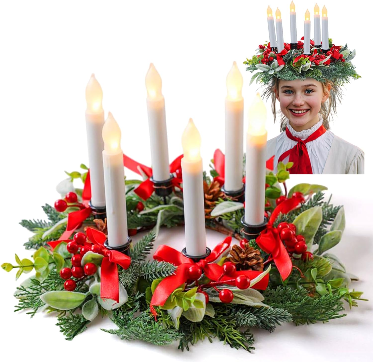 Hoteam Artificial Christmas St. Lucia Crown Saint Grapevine Christmas Wreath with 6 LED Candle Frosted Berries, Leaves and Pineal Sweden Sankta Lucia Krone Queen for Xmas Costume