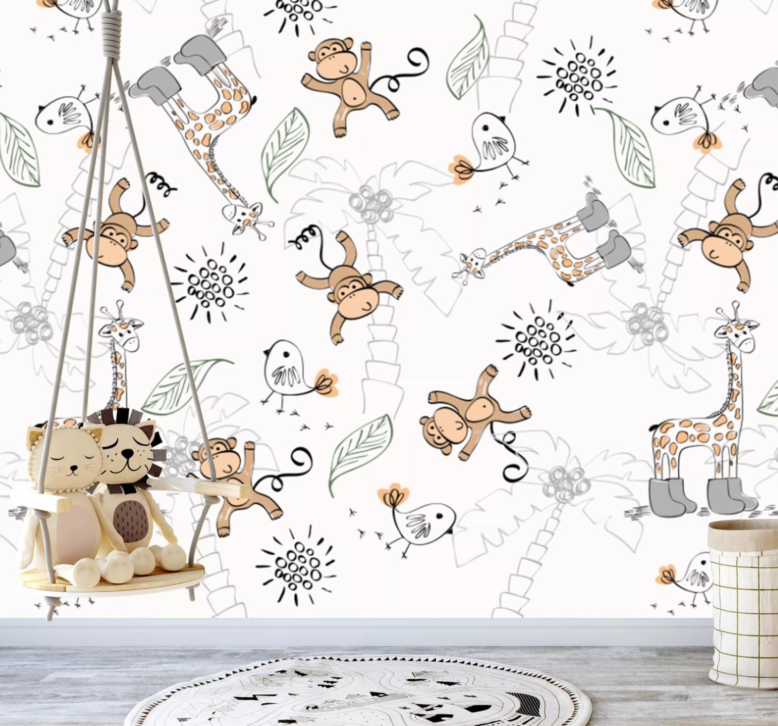 Cartoon Hand Drawn Coconut Tree Monkey Giraffe 3D Wallpaper Easy Install Feature Office Living Room Sofa Bedroom TV Background Wall Decoration-200cm×140cm