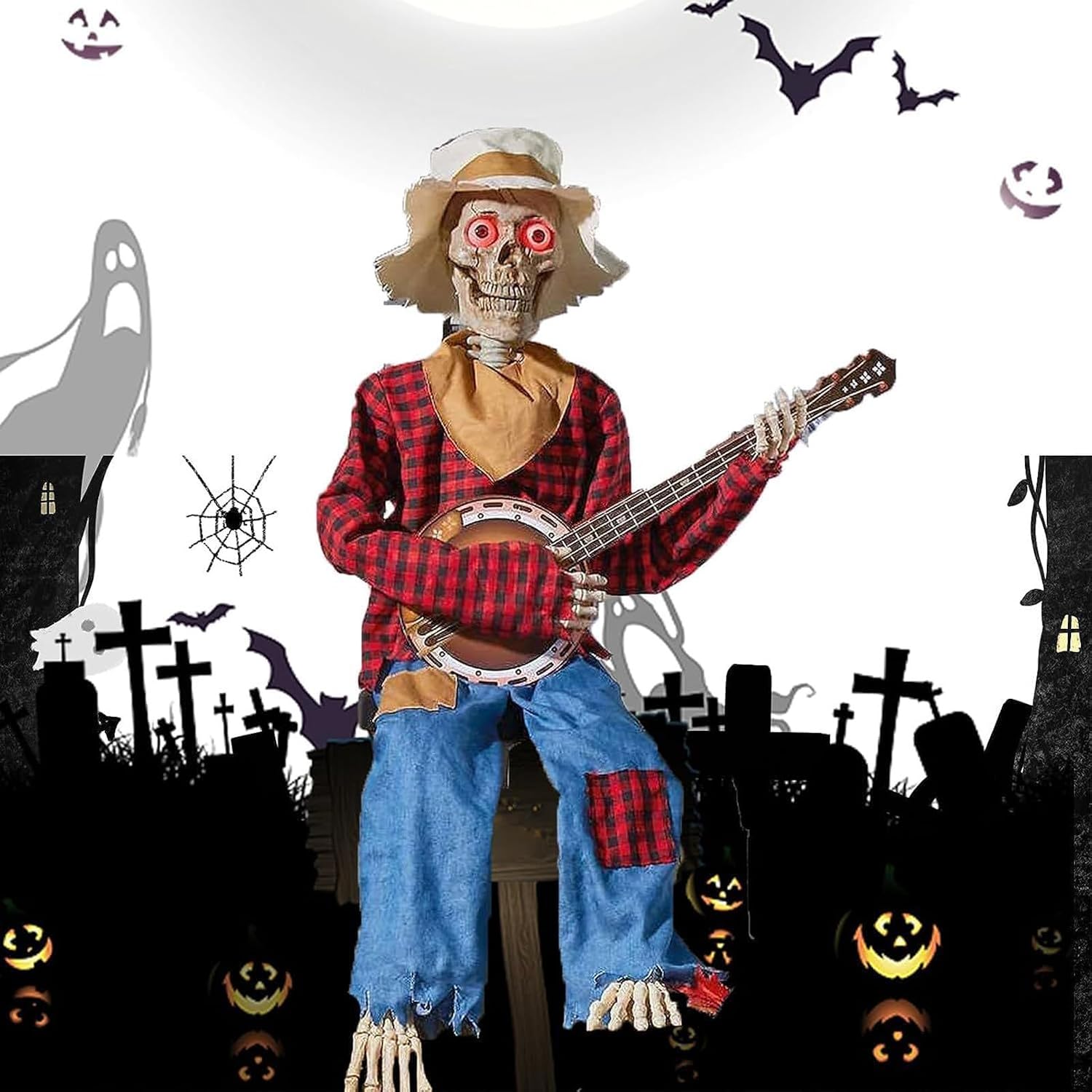 Funny Animated Dueling Banjo Skeletons, Halloween Fall Playing Skeleton Decoration,Ountry Skeleton Musicians, Prop Decor for Indoor/Outdoor (Mix-with Light)