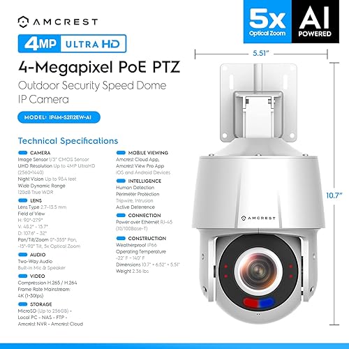 Miniatura 7 de Amcrest Cámara IP PTZ POE AI de 4 MP para exteriores, cúpula de seguridad con zoom de inclinación, zoom óptico motorizado 5X, detección humana,