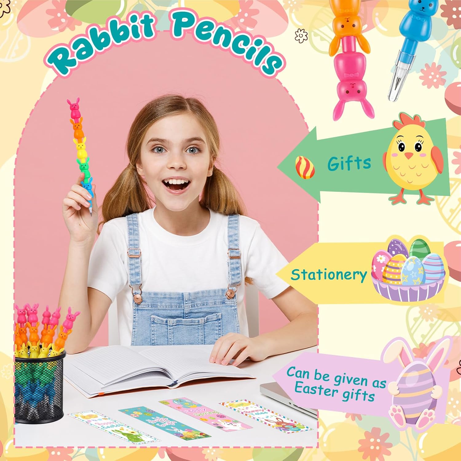 MotiMind 48 Pieces Easter Party Favors Stackable Pencils for Kids, 24 Bunny Stacking Pencils with 24 Card Rabbit Pencil for Easter Gifts Basket Goodie Bags Stuffers School Supplies Students Rewards