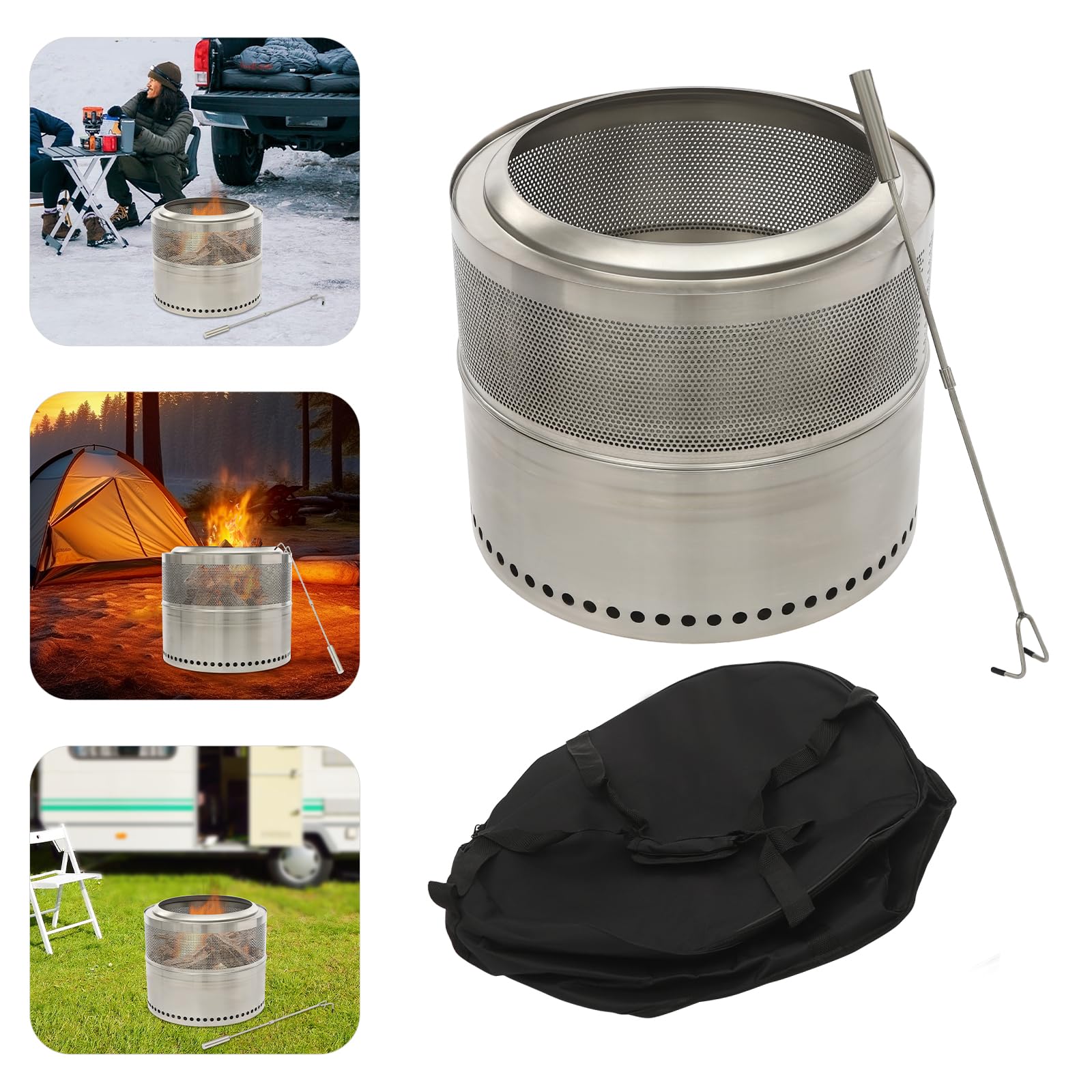 Braciere pieghevole in acciaio inox con gancio del fuoco e borsa portatile, per campeggio, feste in giardino, falò