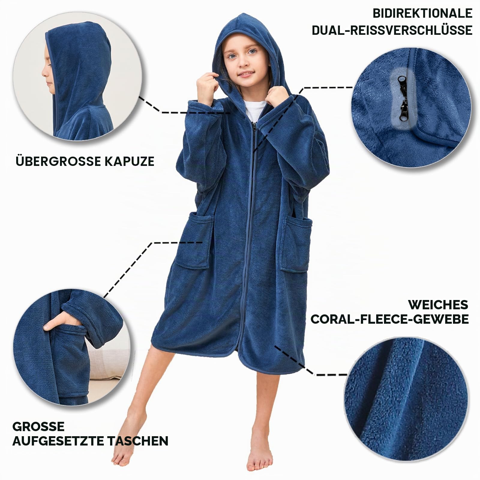 Hiturbo Kids Hooded Towel Robe: Changing Zipper Bath Robe Poncho Towelling for Swimming Beach Surfing Home