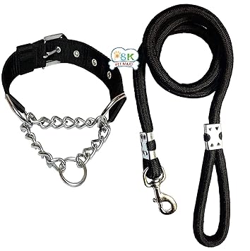 PSK PET MART Dog Belt Adustable Combo of Nylon Choke Collar 1.25 Inch with Rope Leash 60 Inch Lengthy, Dog Collar & Leash for Your Medium & Large Dogs (Black)