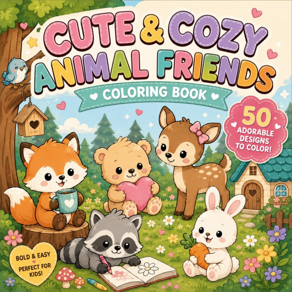 Cute & Cozy Animal Friends Coloring Book: 50 adorable designs to color
