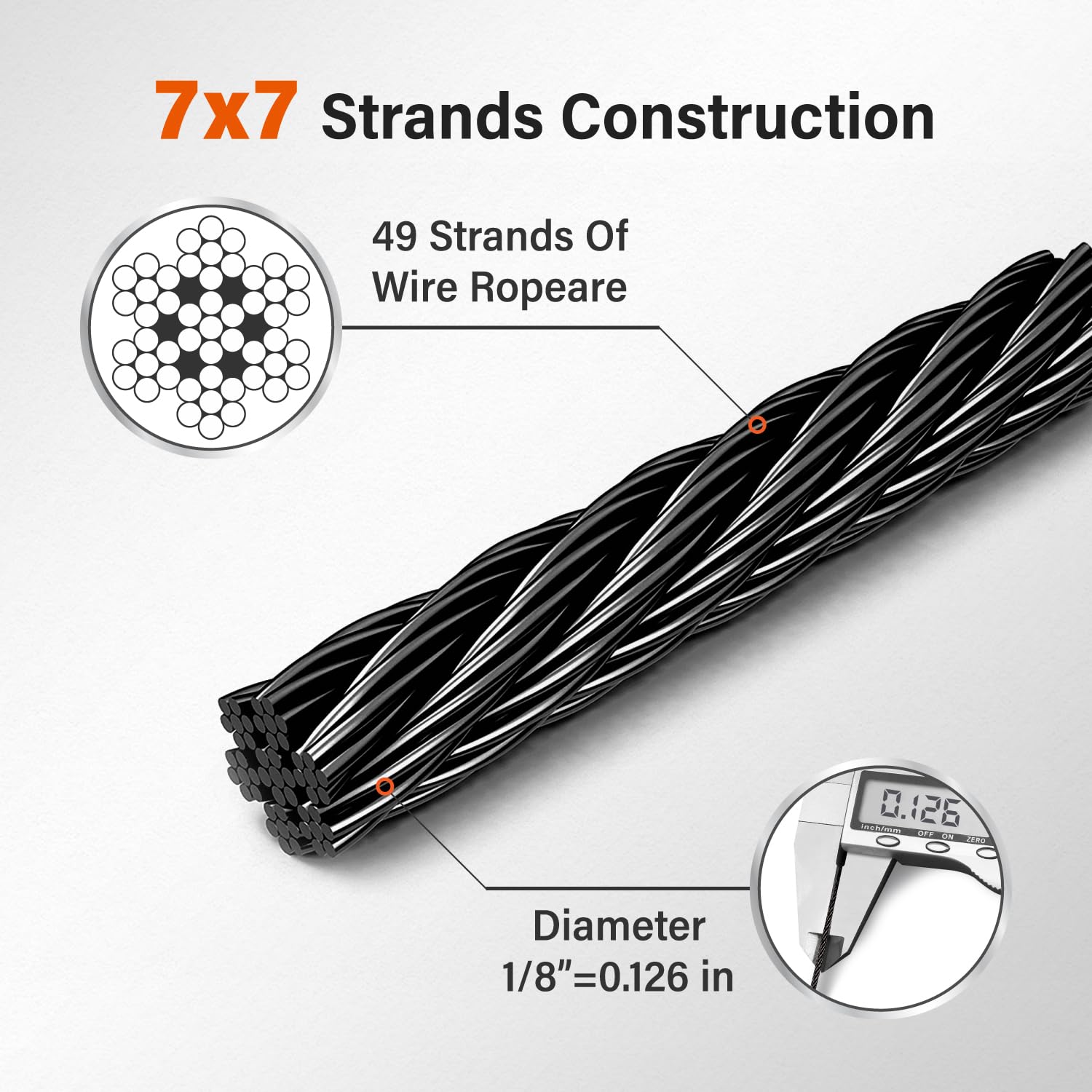 300FT 1/8" Black T316 Stainless Steel Wire Rope kit with Cutter, 7x7 Construction - Aircraft Cable for Deck Railing, Stair & Marine Rigging