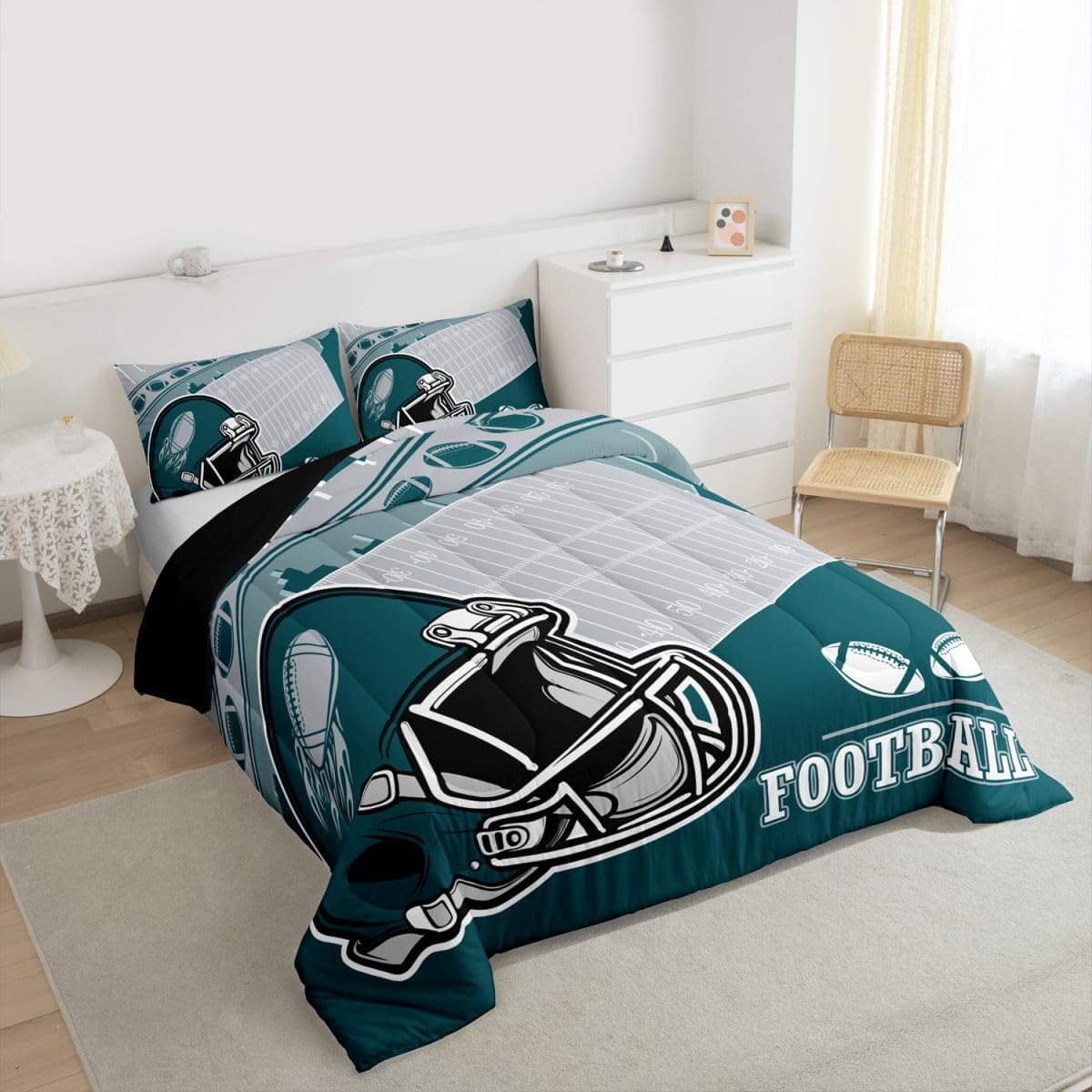 Erosebridal Football City Comforter Set Queen Rugby Football Fans Bedding Set Gifts for Kids Girls Boys Teen Bedroom Decor,Sports Rugby Gaming Bedding Green Grey Quilt,3 Pcs - Image 3