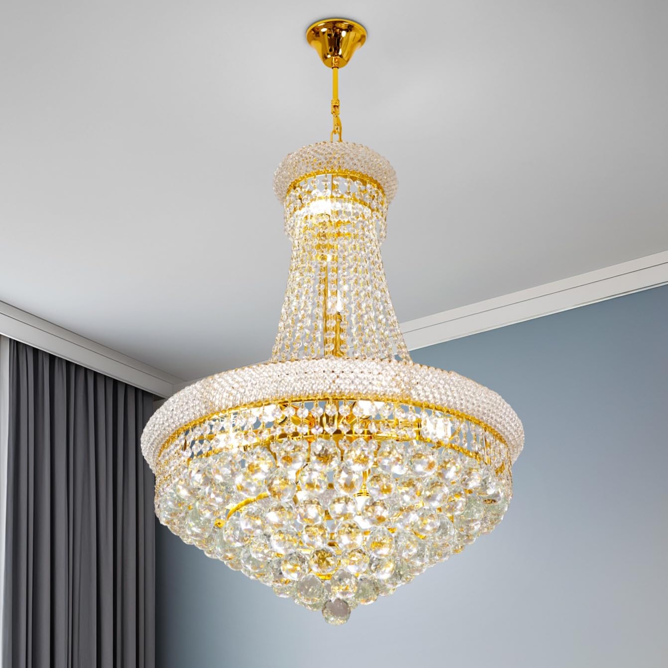Vrygle Luxury Crystal Chandelier: 56CM 2-Layers Round Ceiling Pendant Light Fixture with Golden Frame LED Bulbs 3 Colors Lighting for Dining Room, Living Room, Foyer